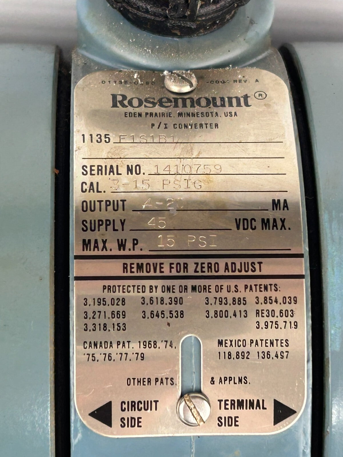 Rosemount 1135F1S1B1 Pressure Transmitter CAL. 3-5 PSIG 4-20mA 45 VDC Max 15 PSI