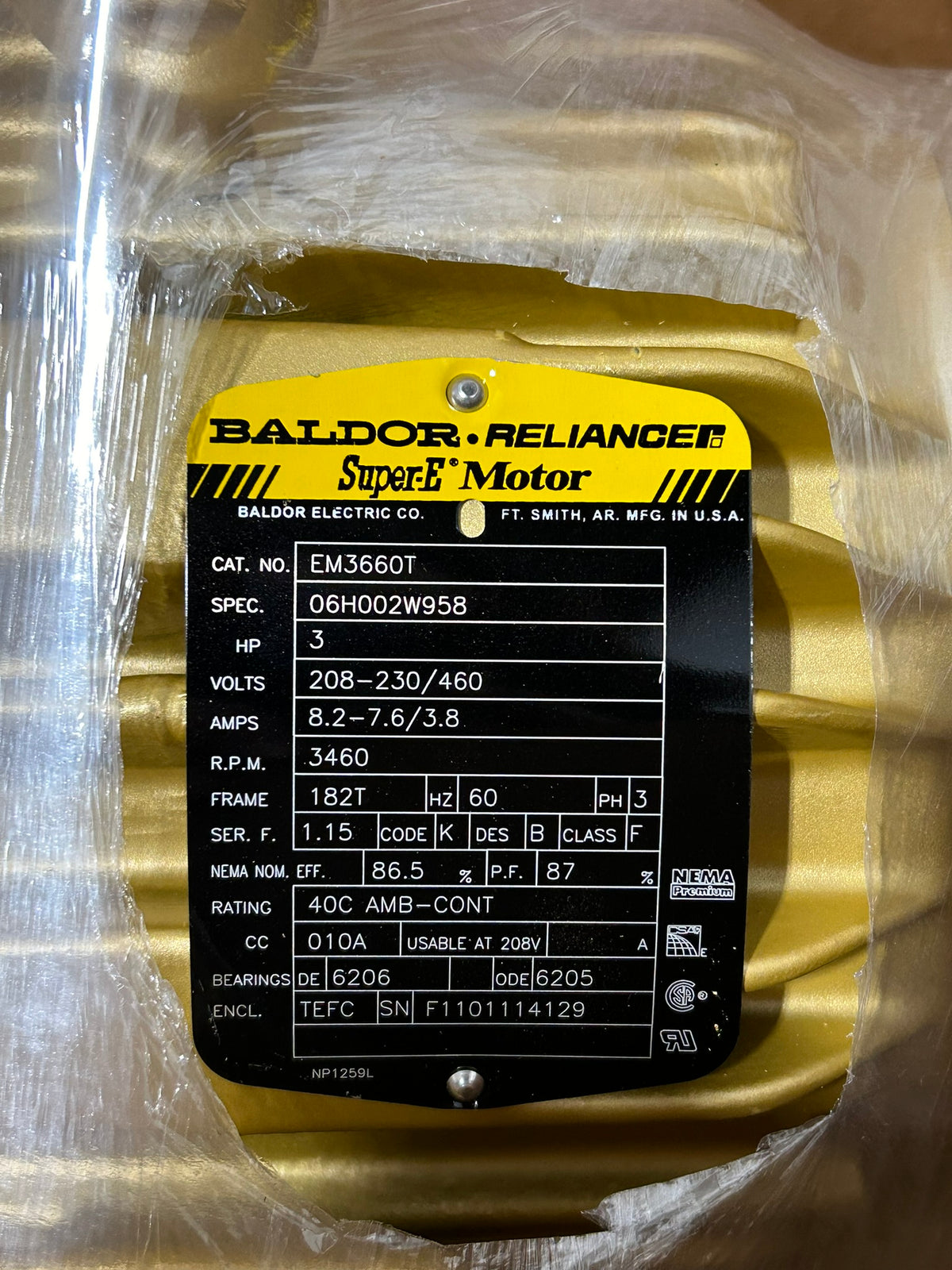 Baldor EM3660T Super-E Motor 3HP 3460RPM 3PH 182T Frame