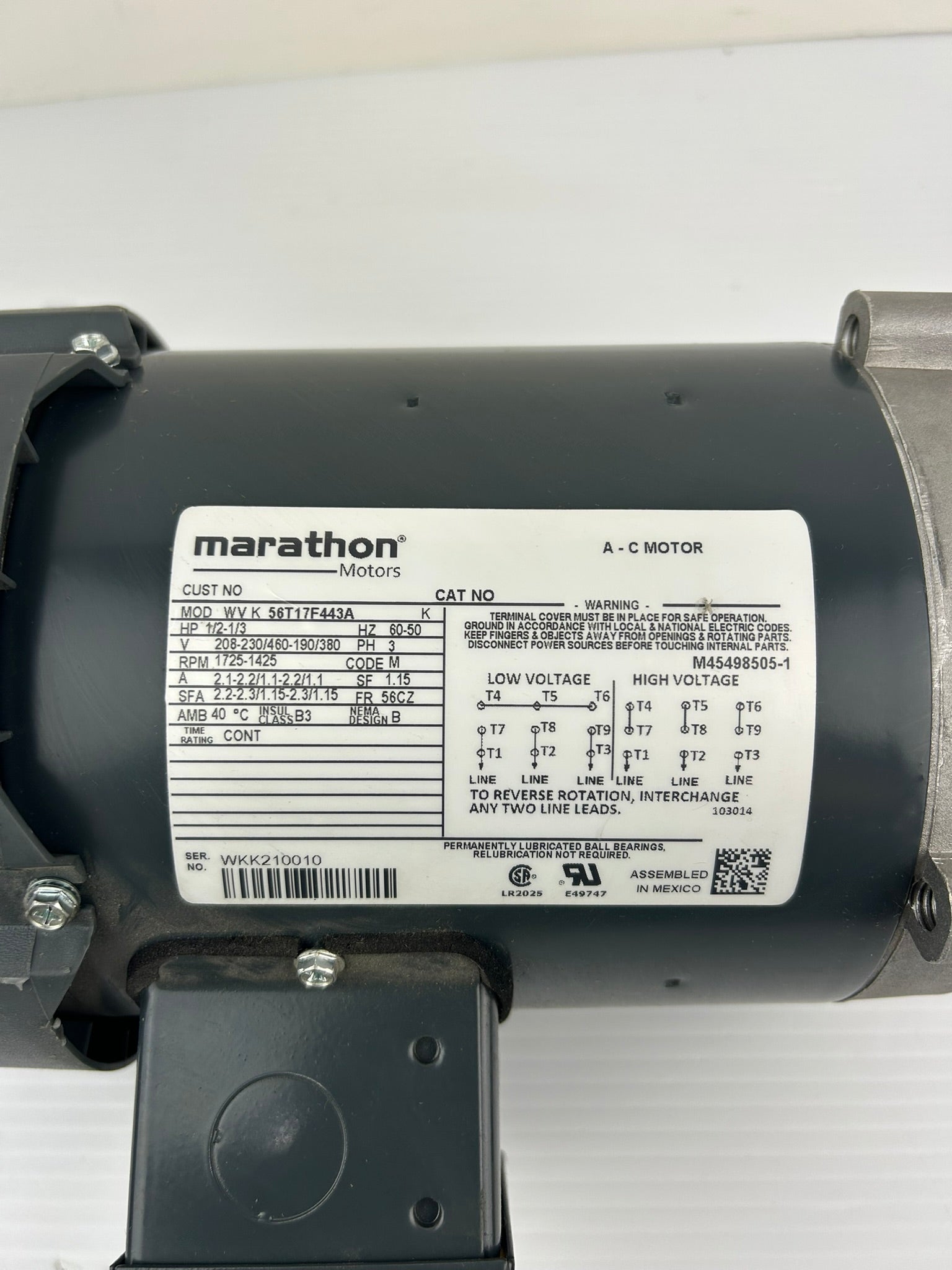 Marathon 56T17F443A AC Electric Motor 1/2-1/3HP 3PH 208-230/460V 56CZ