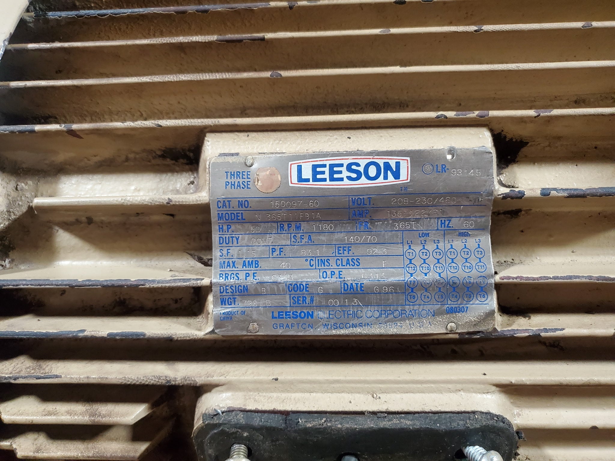 Leeson 150097-60 Motor 50HP 3PH 365T 1180RPM with Belt Drive Clutch Assembly