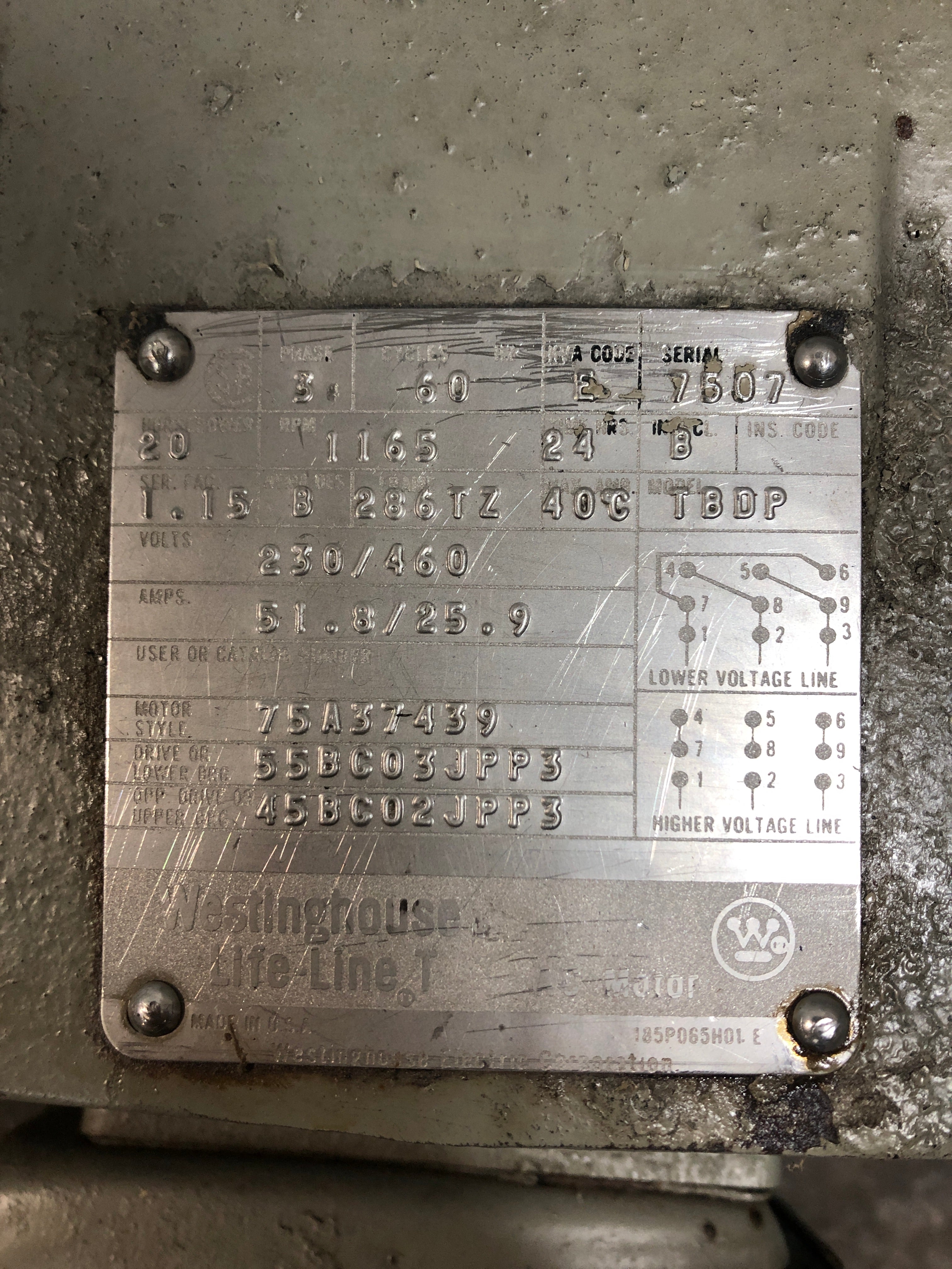Westinghouse TBDP Life Line T AC Motor 20HP 1165RPM 3PH 286TZ Frame