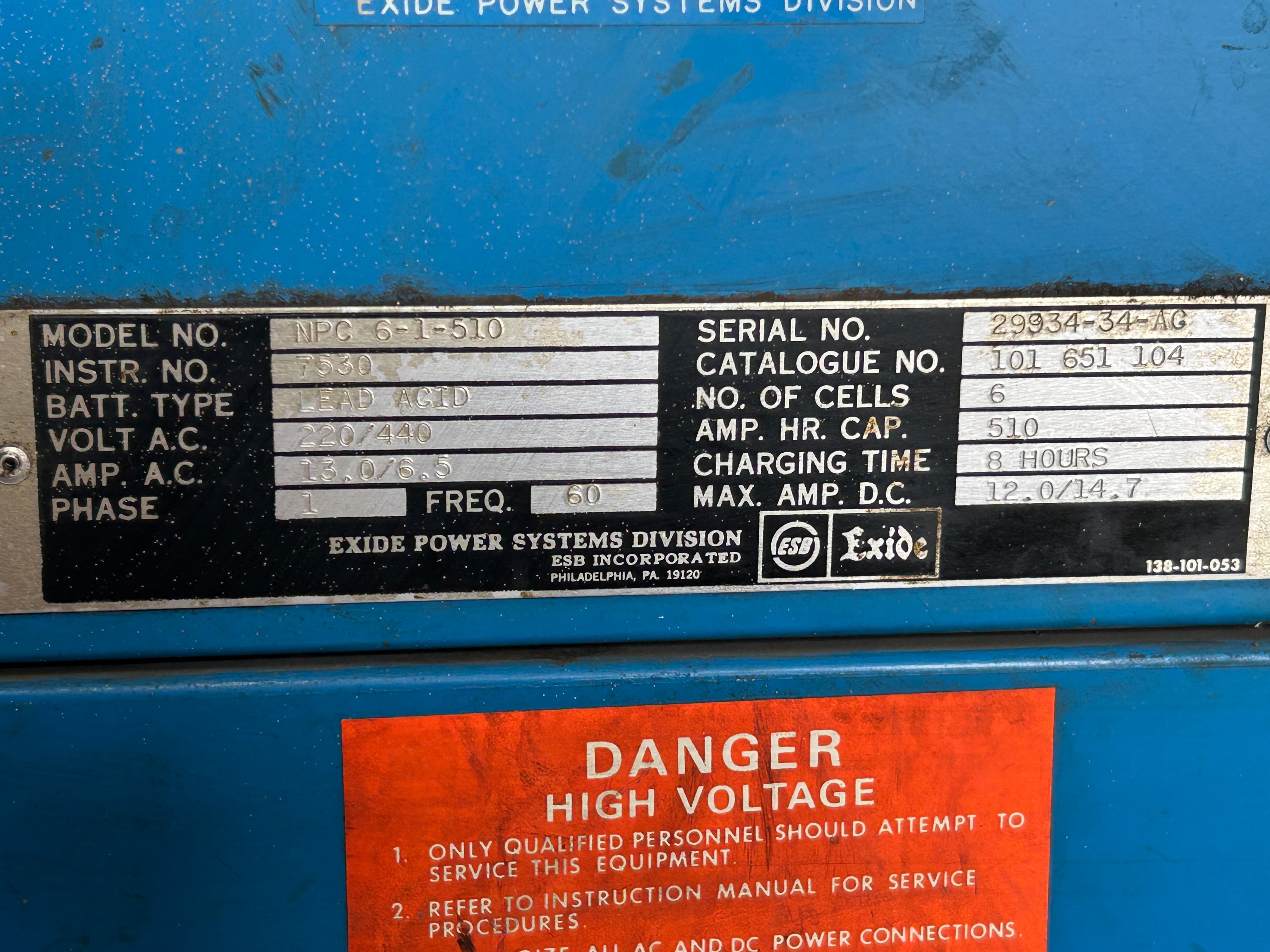 Exide NPC-6-1-510 Battery Charger Lead Acid 220/440V 1PH 6 Cells 8 Hrs 101651104