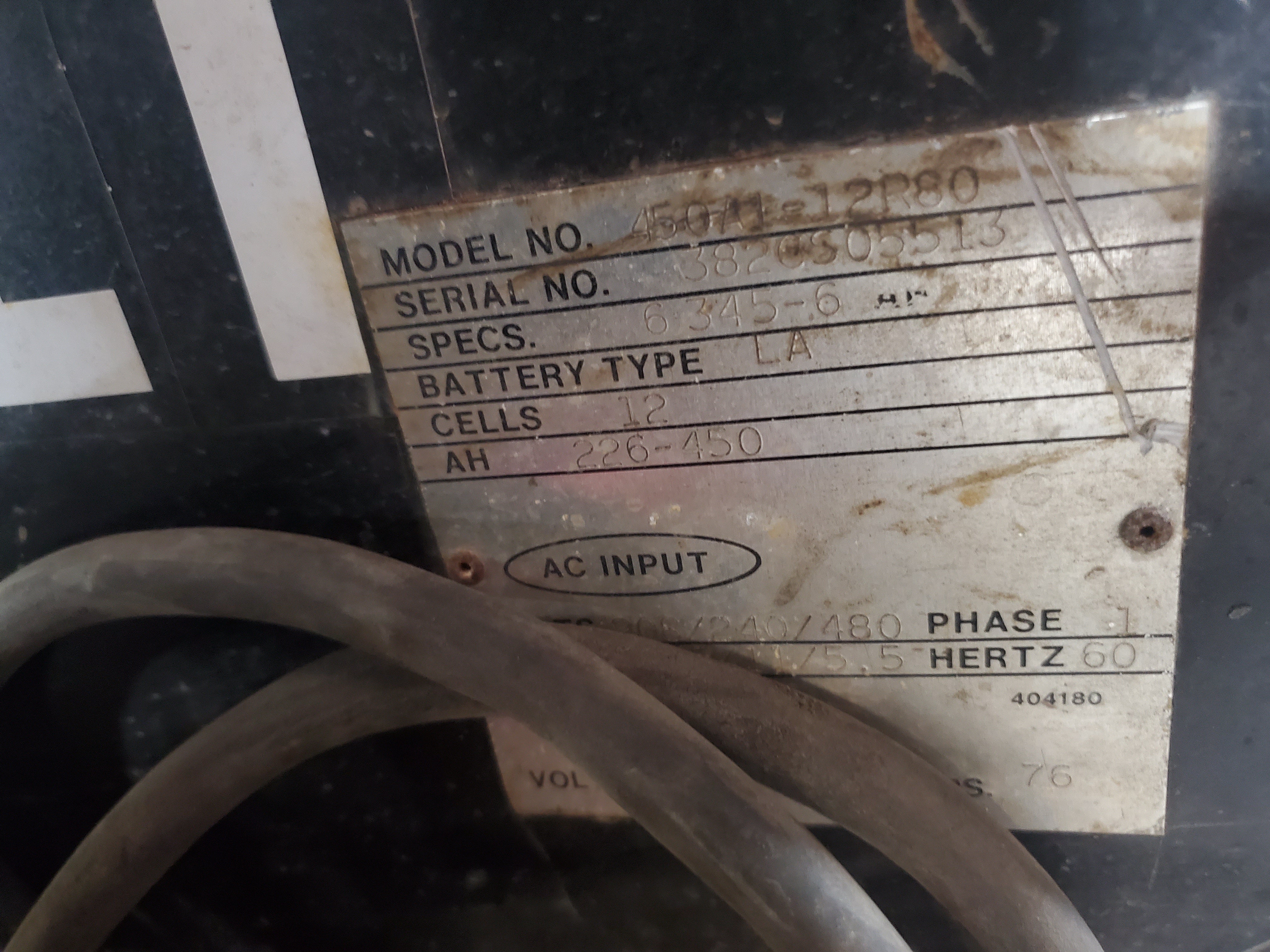 Hobart 450A1-12R80 Forklift Battery Charger 12 Cells, 1 Phase, 60 Hz 6345-6