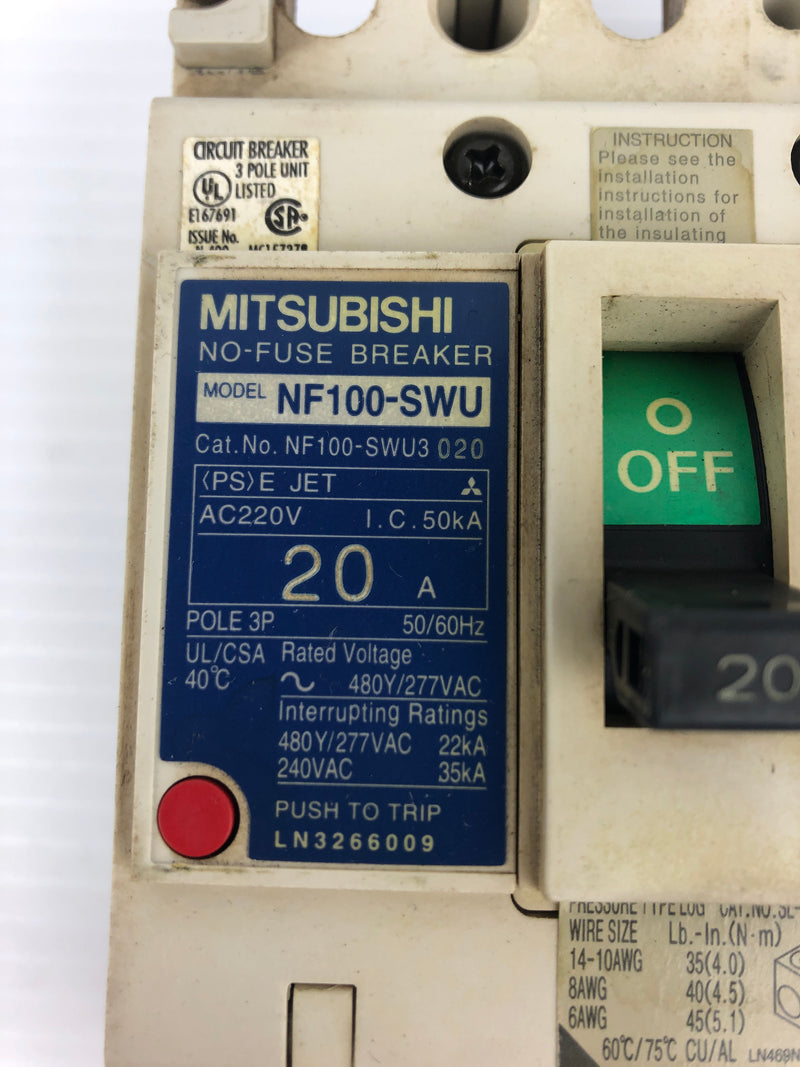 Mitsubishi NF100-SWU No-Fuse Breaker 20A 3P