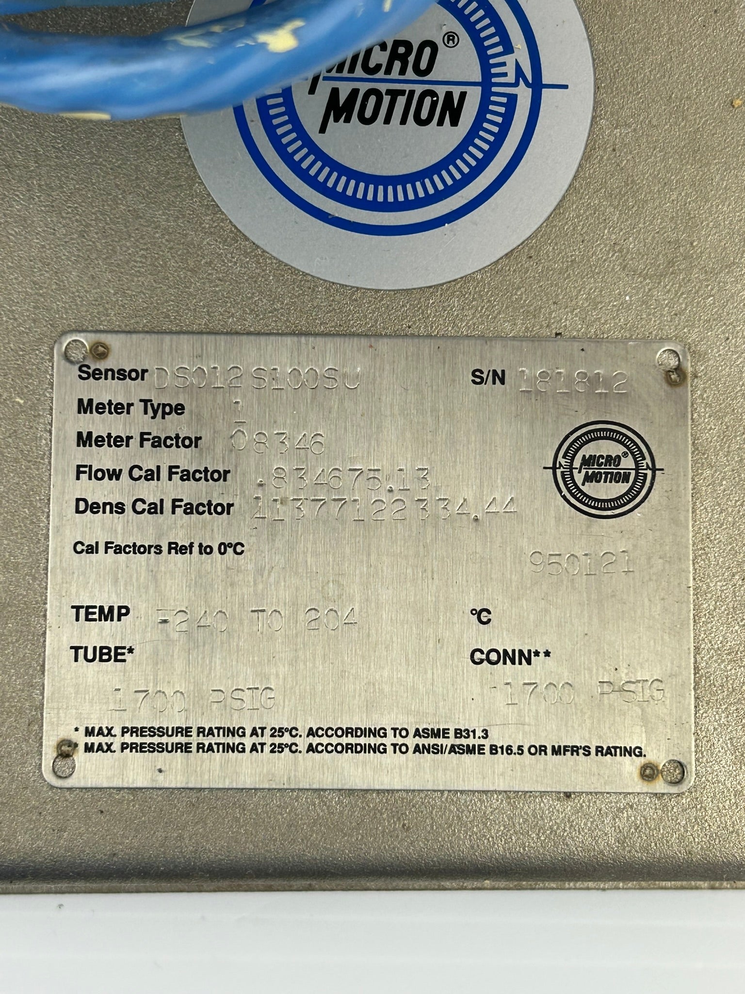 Micro Motion DS012S100SU Mass Flow Sensor Transmitter 08346