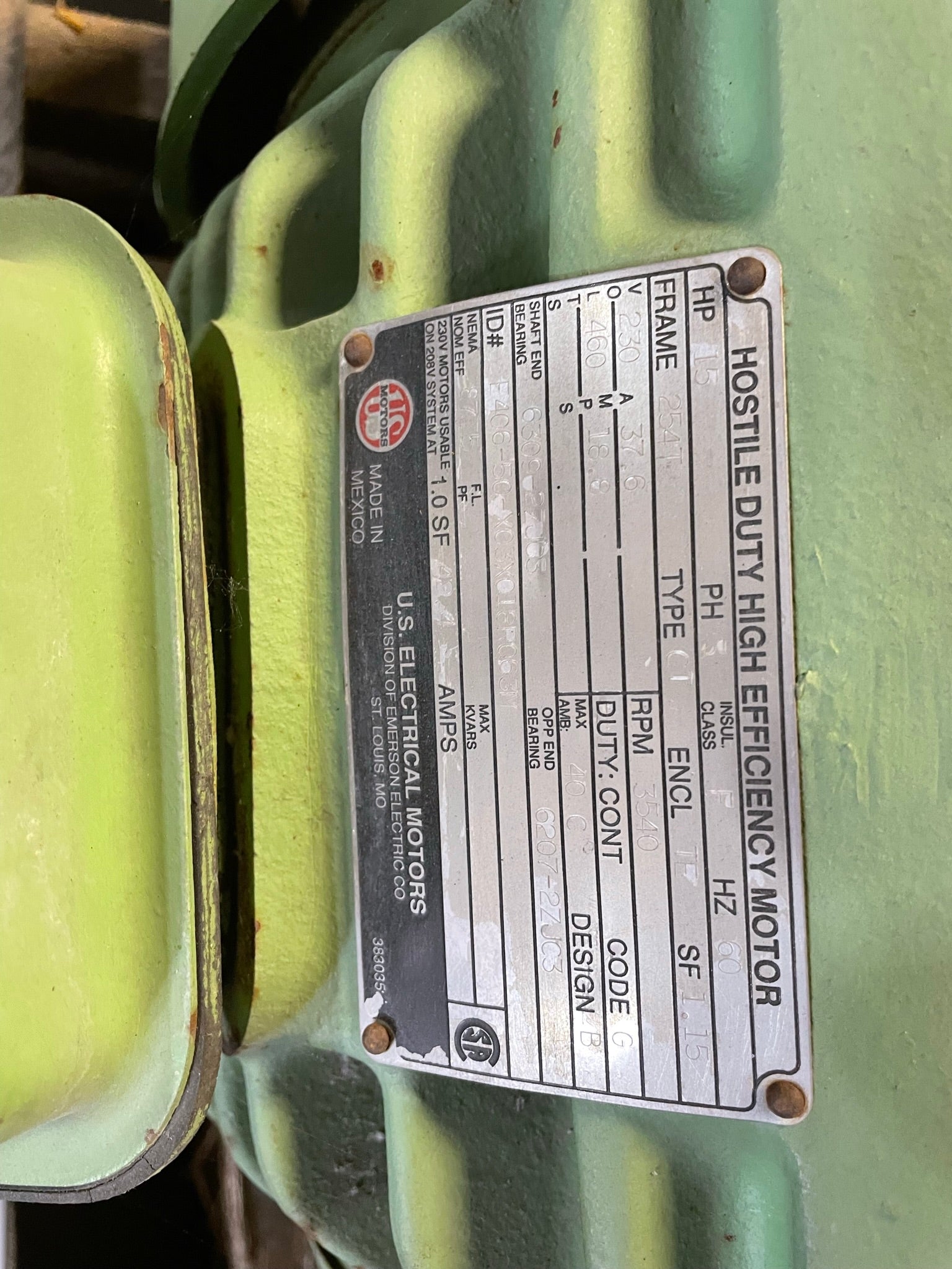 US Electrical E406 High Efficiency Motor E406-50-XC3X018R063M 15 HP 254T 3PH