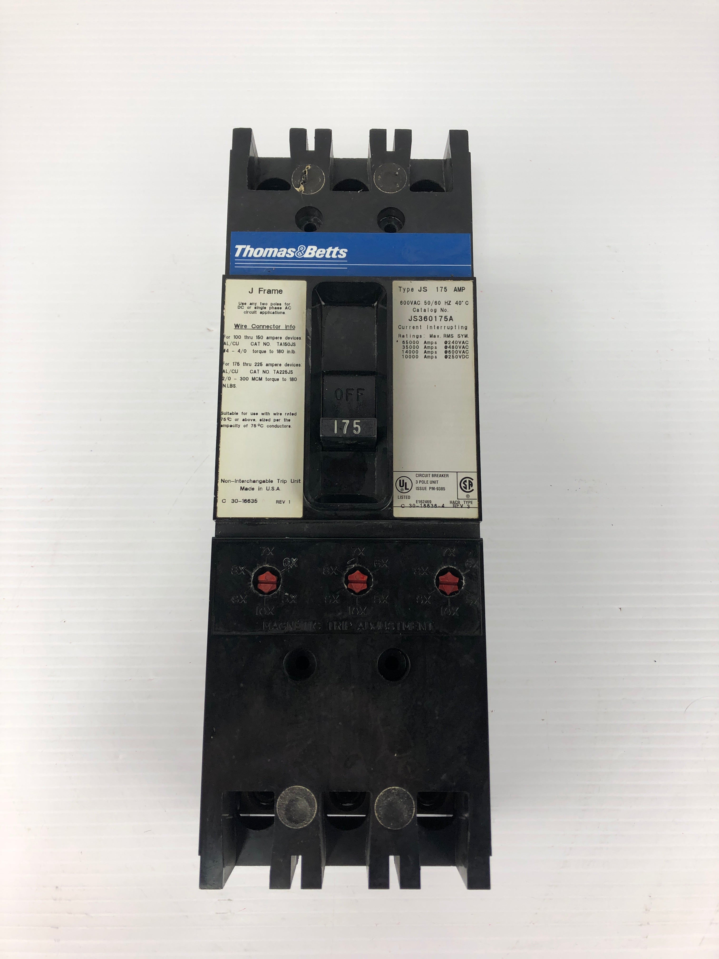 Thomas & Betts JS360175A Circuit Breaker J Frame 600VAC 175A 3P Type JS