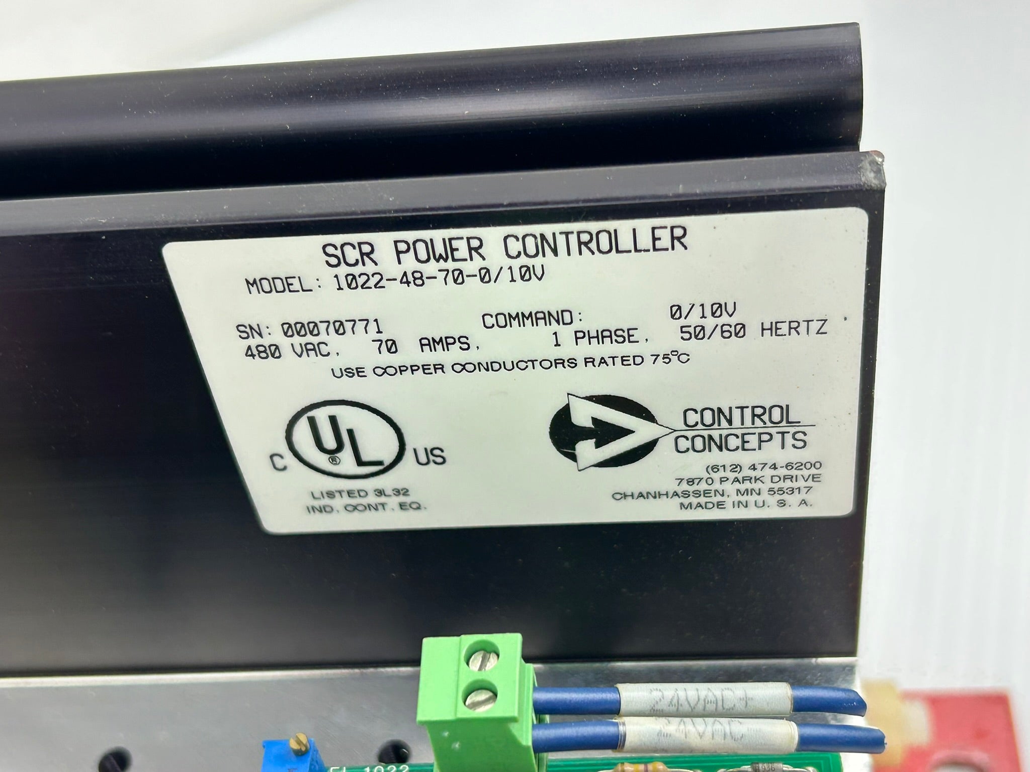 Control Concepts 1022-48-70-0/10V SCR Power Controller 480 VAC 70 Amps 1 Phase