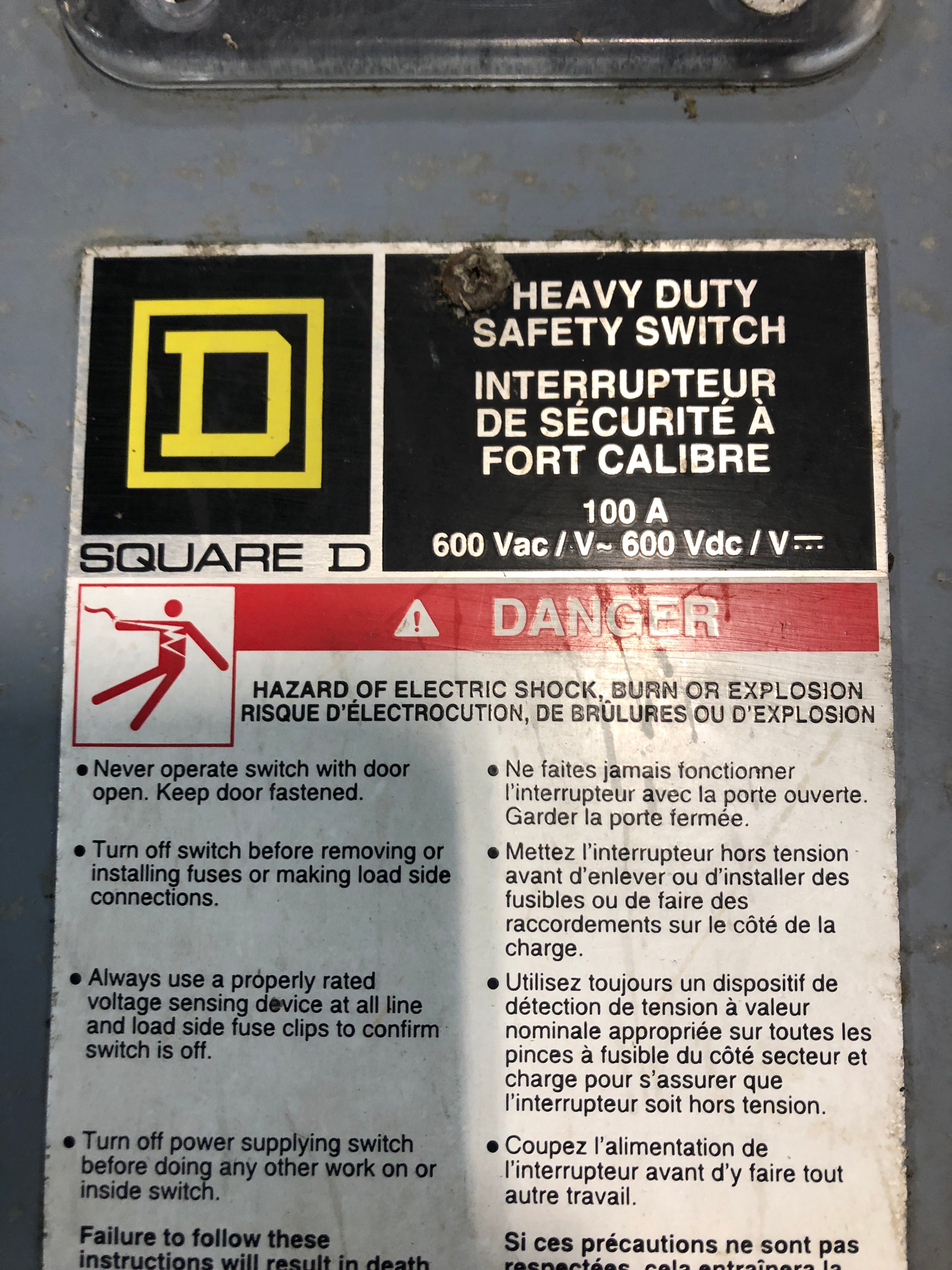 Square D CH363AWK Heavy Duty Safety Switch 100A 600VAC/600VDC