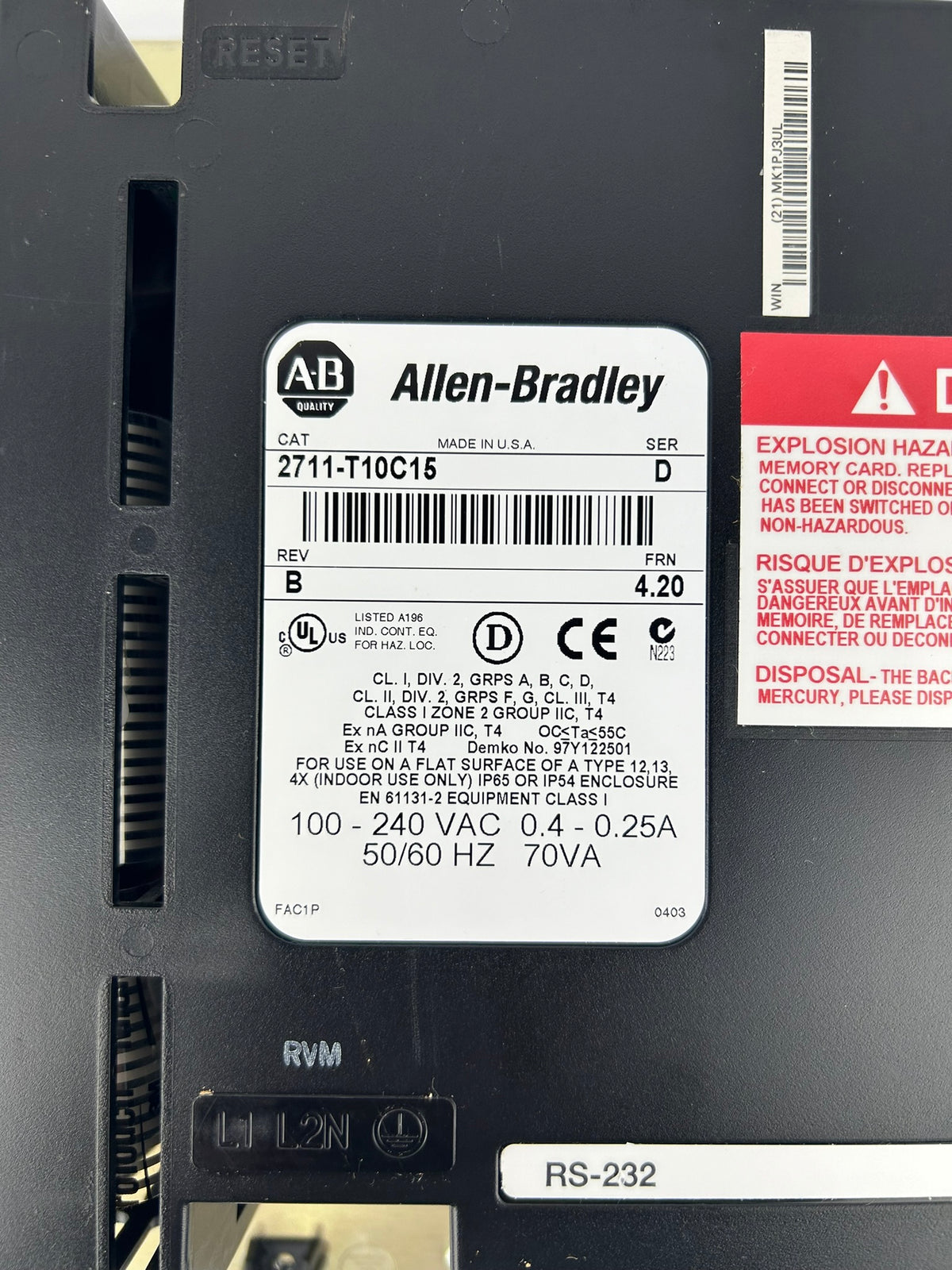 Allen-Bradley 2711-T10C15 PanelView 1000 Touch Screen HMI 10" Ser D Rev B TESTED