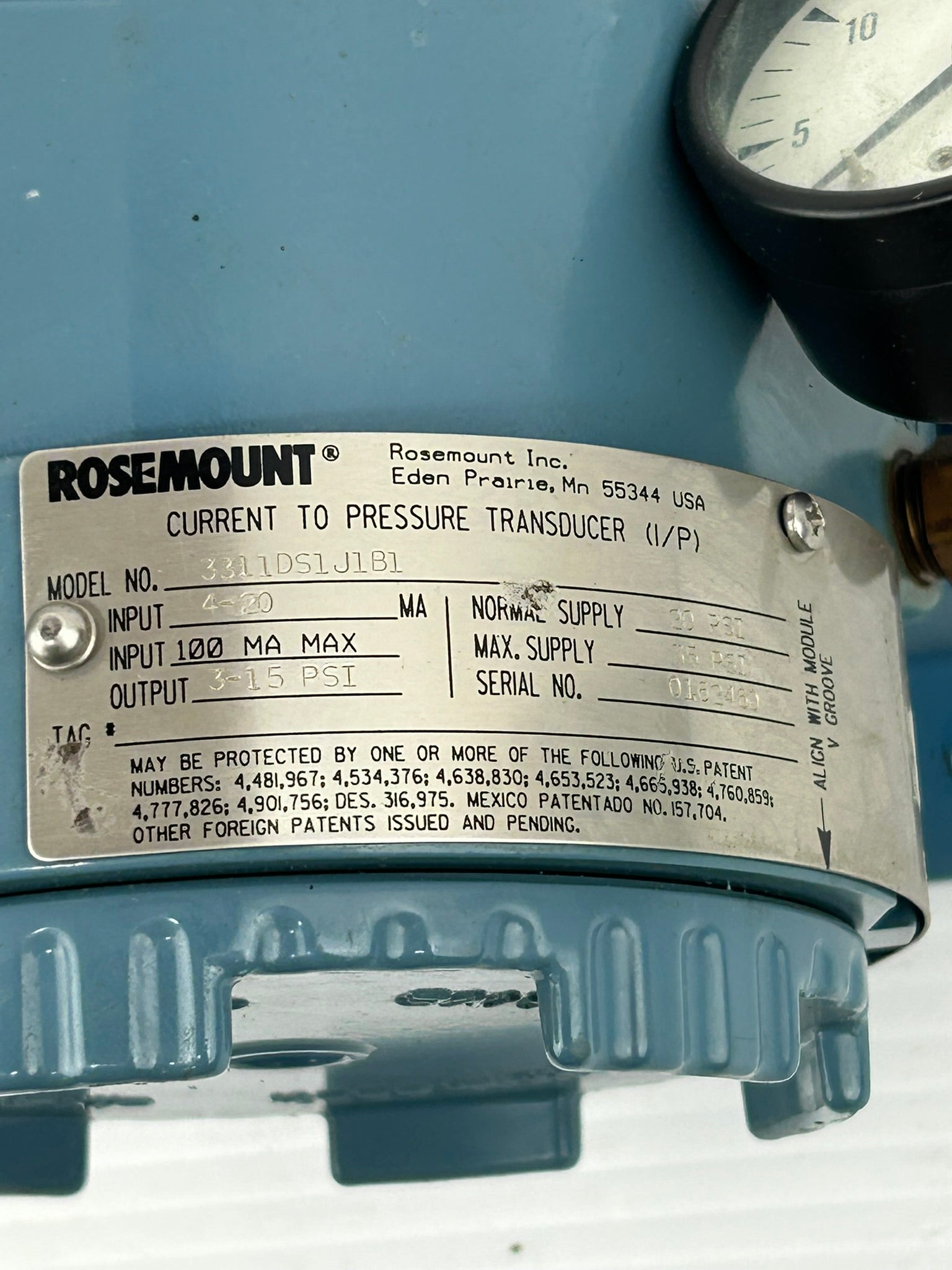 Rosemount 3311DS1J1B1 Current Pressure Transducer with Side Gauge 0-30 PSI