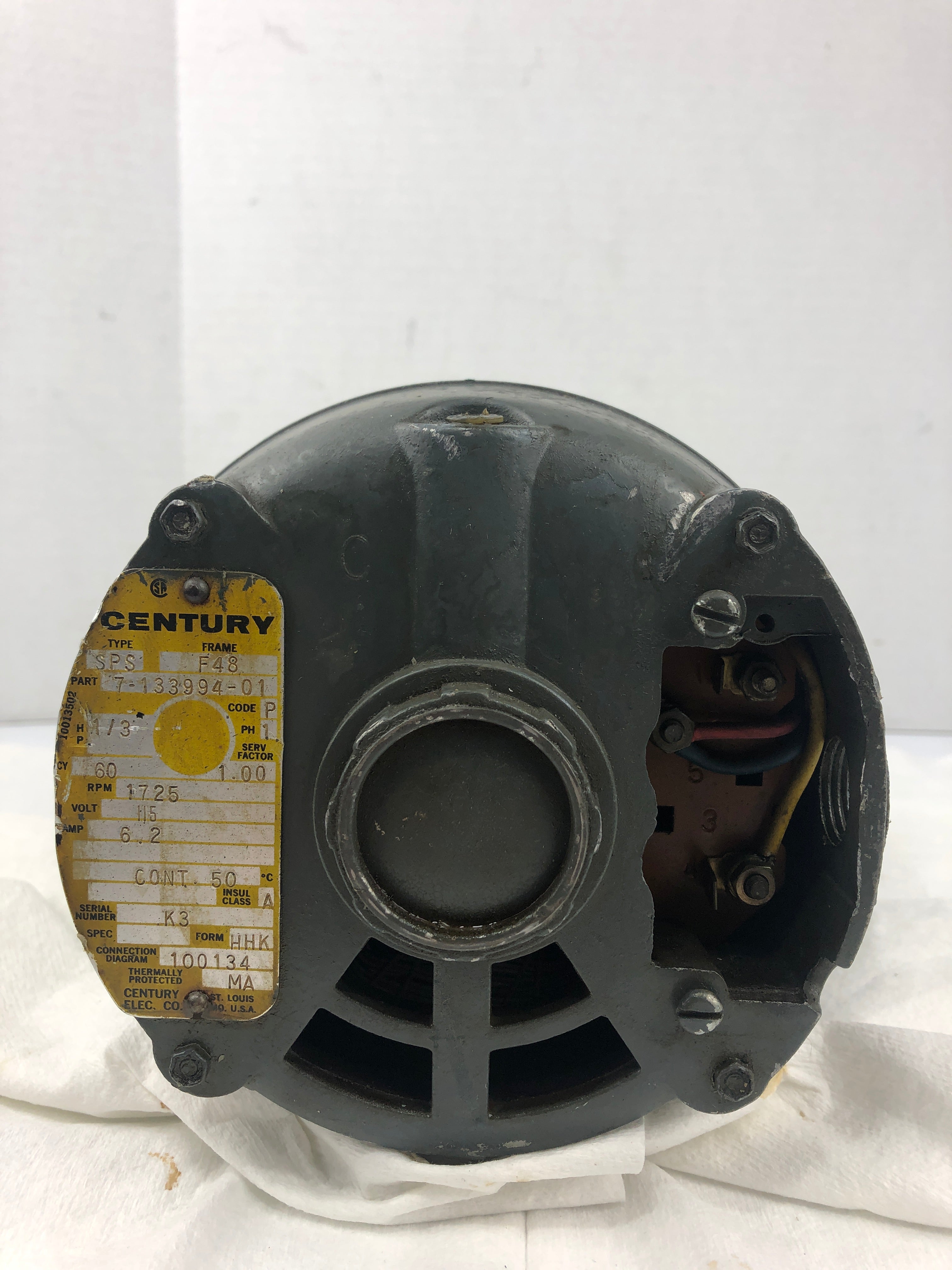 Century 1/3 HP Motor 7-133994-01 SPS 1725 RPM 1PH F48 Frame