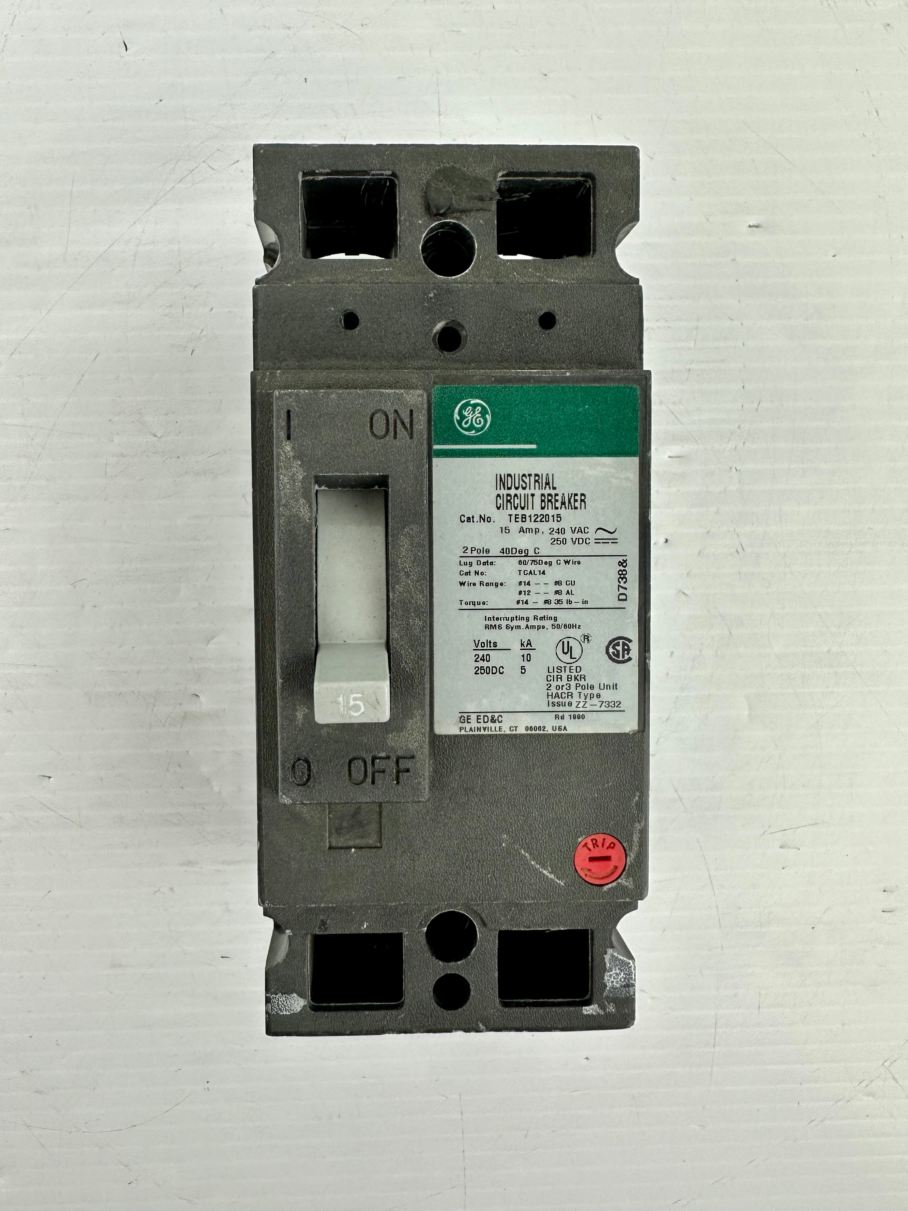 GE TEB122015 Industrial Circuit Breaker 15 Amp 2-Pole 240 VAC 250 VDC