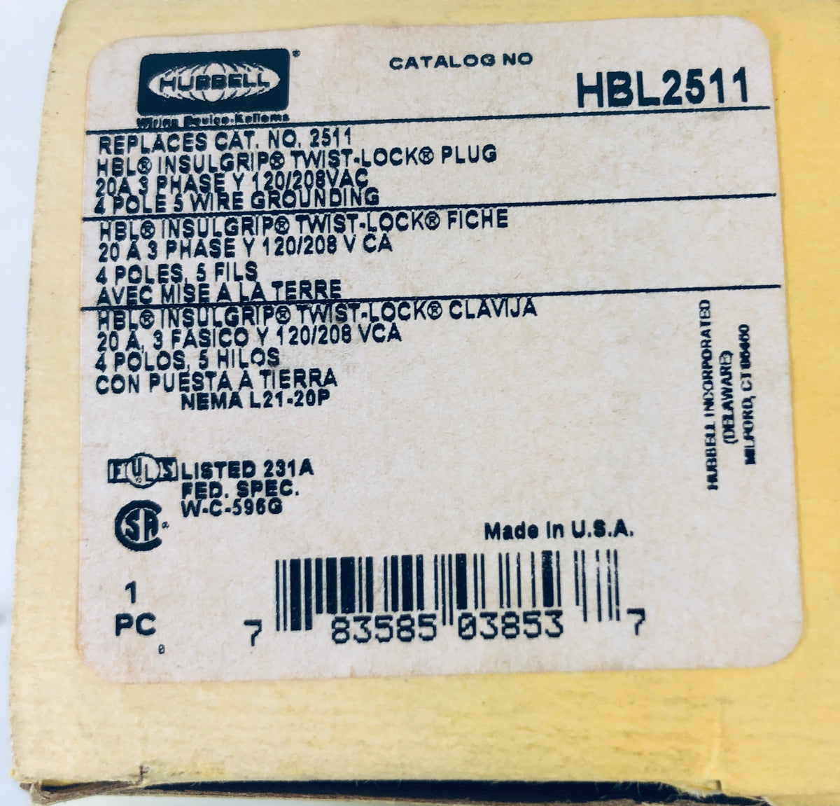 Hubbell Insulgrip Twist Lock Plug HBL2511