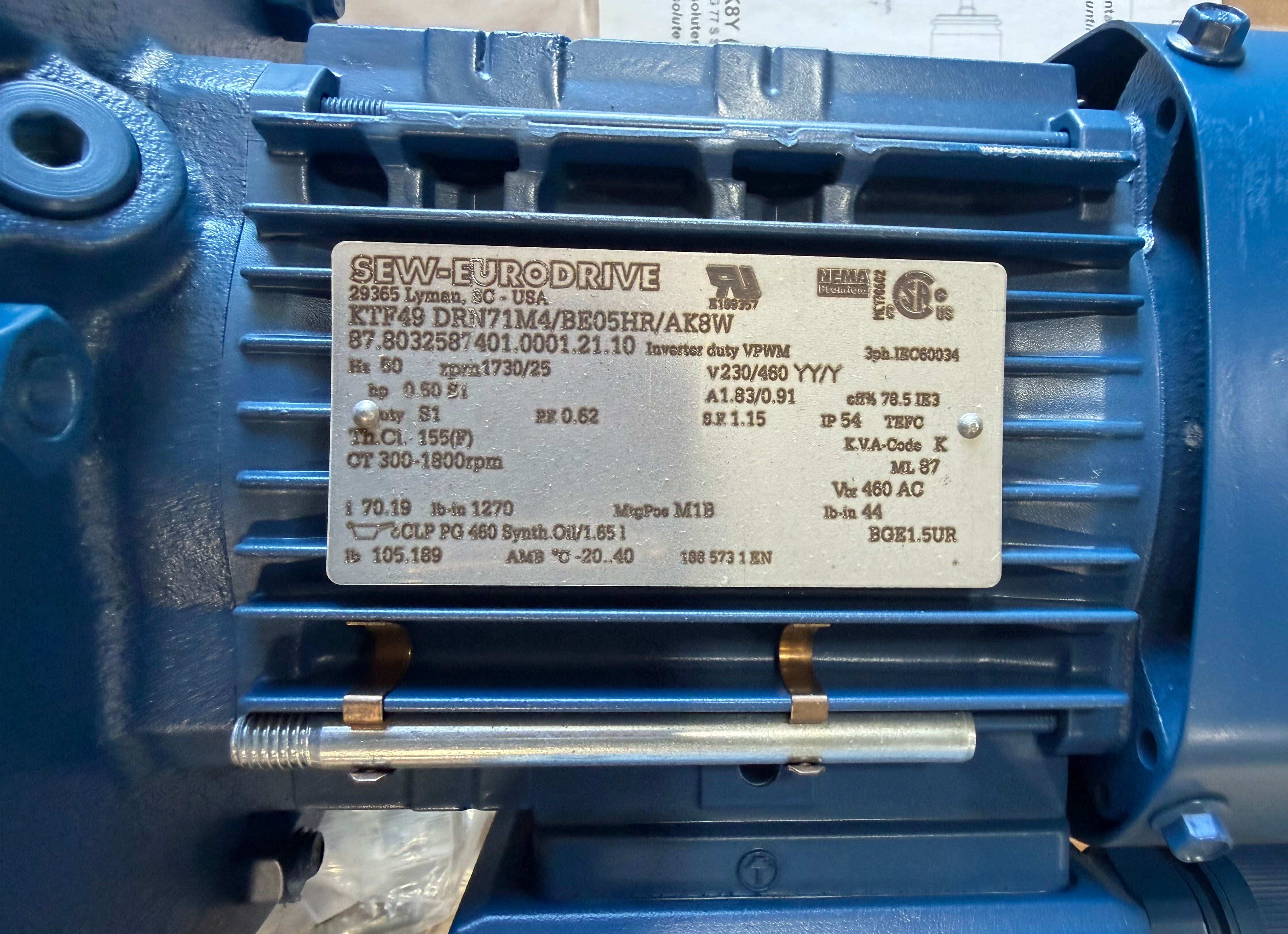 SEW-Eurodrive KTF49 DRN71M4 Gearmotor 1/2HP 230/460V 3PH 1730RPM NEW