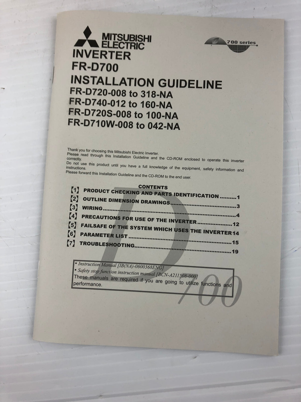 Mitsubishi FR-D740-080-W1 Inverter Variable Frequency Drive