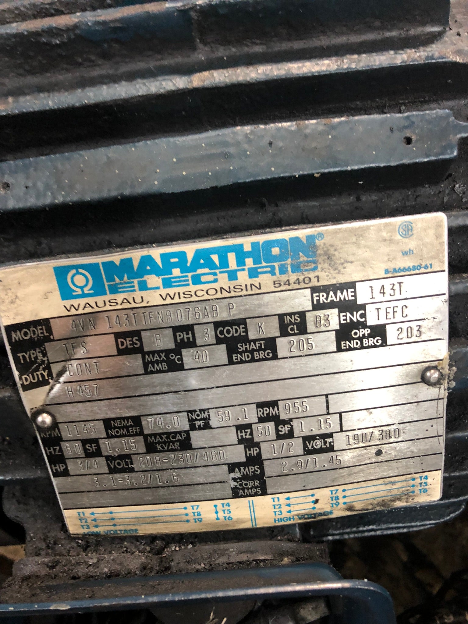 Marathon Electric Motor 4VN143TTFN8076AB P 3/4 HP 208-230/460V 1/2HP 190/380V
