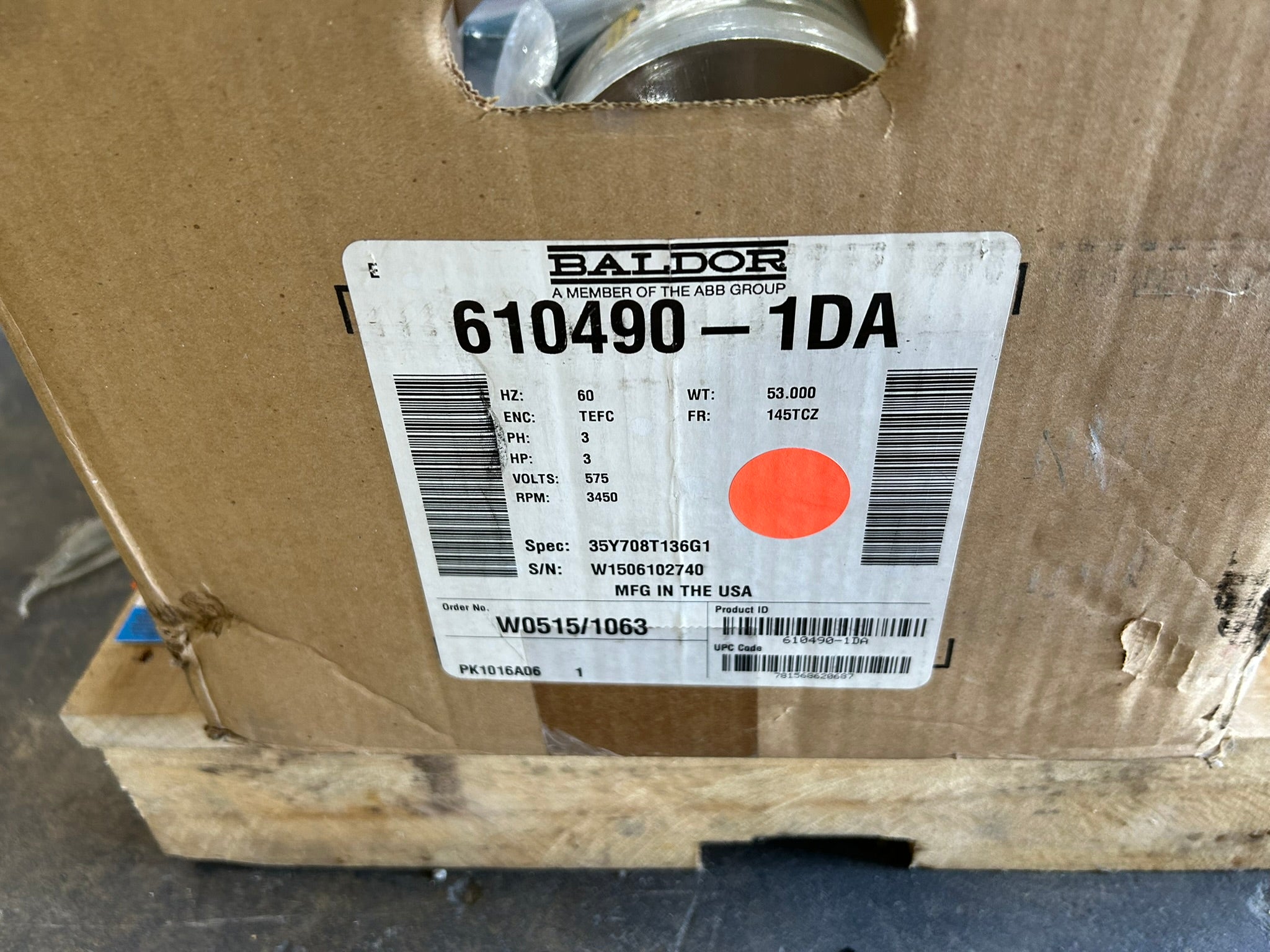 Baldor Reliance 610490-1DA Blower Motor 3HP 575V 3450RPM 3PH 145TCZ 610490001DA