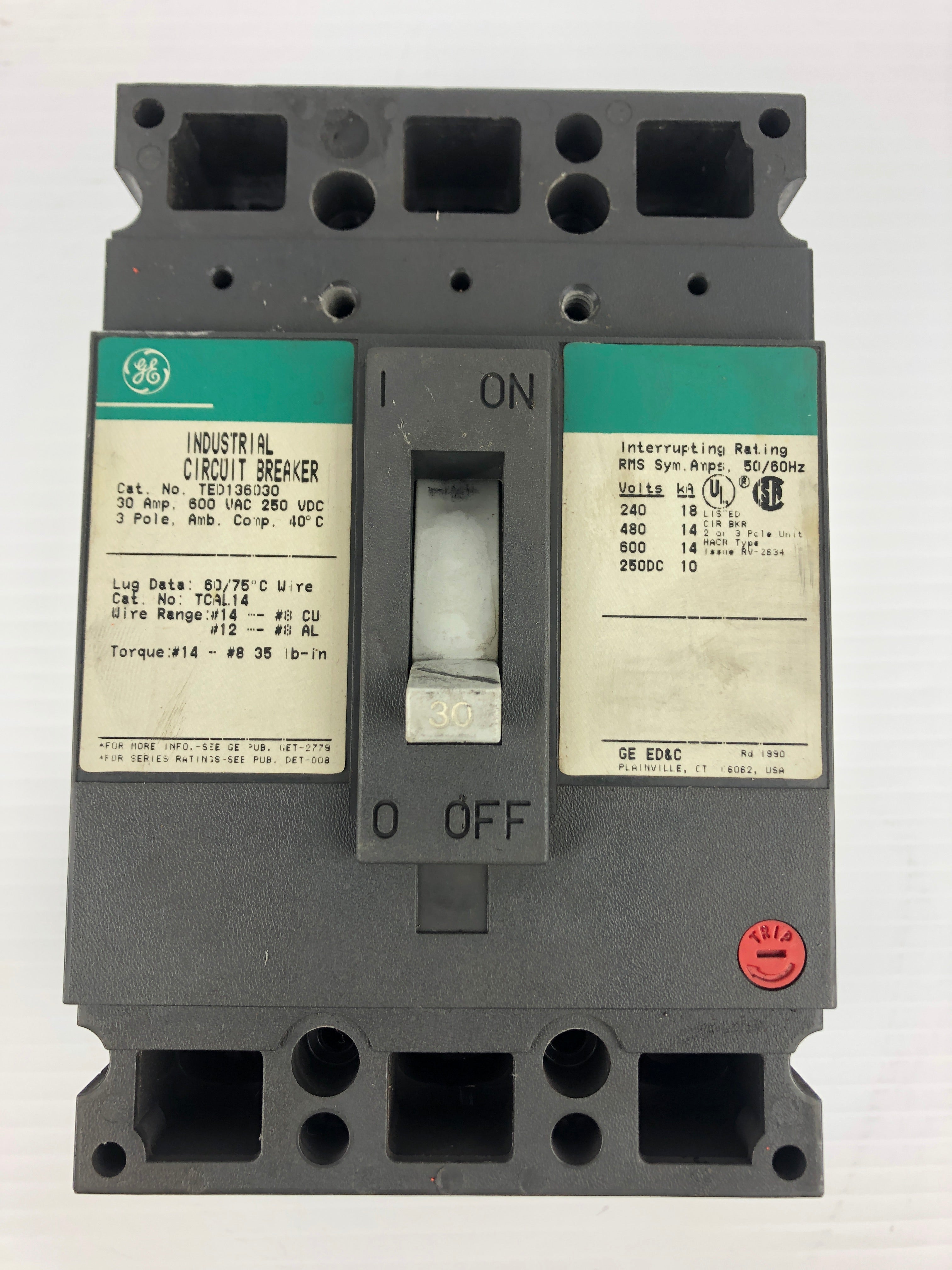 General Electric TED136030 Industrial Circuit Breaker 600VAC 250VDC 30A 3P