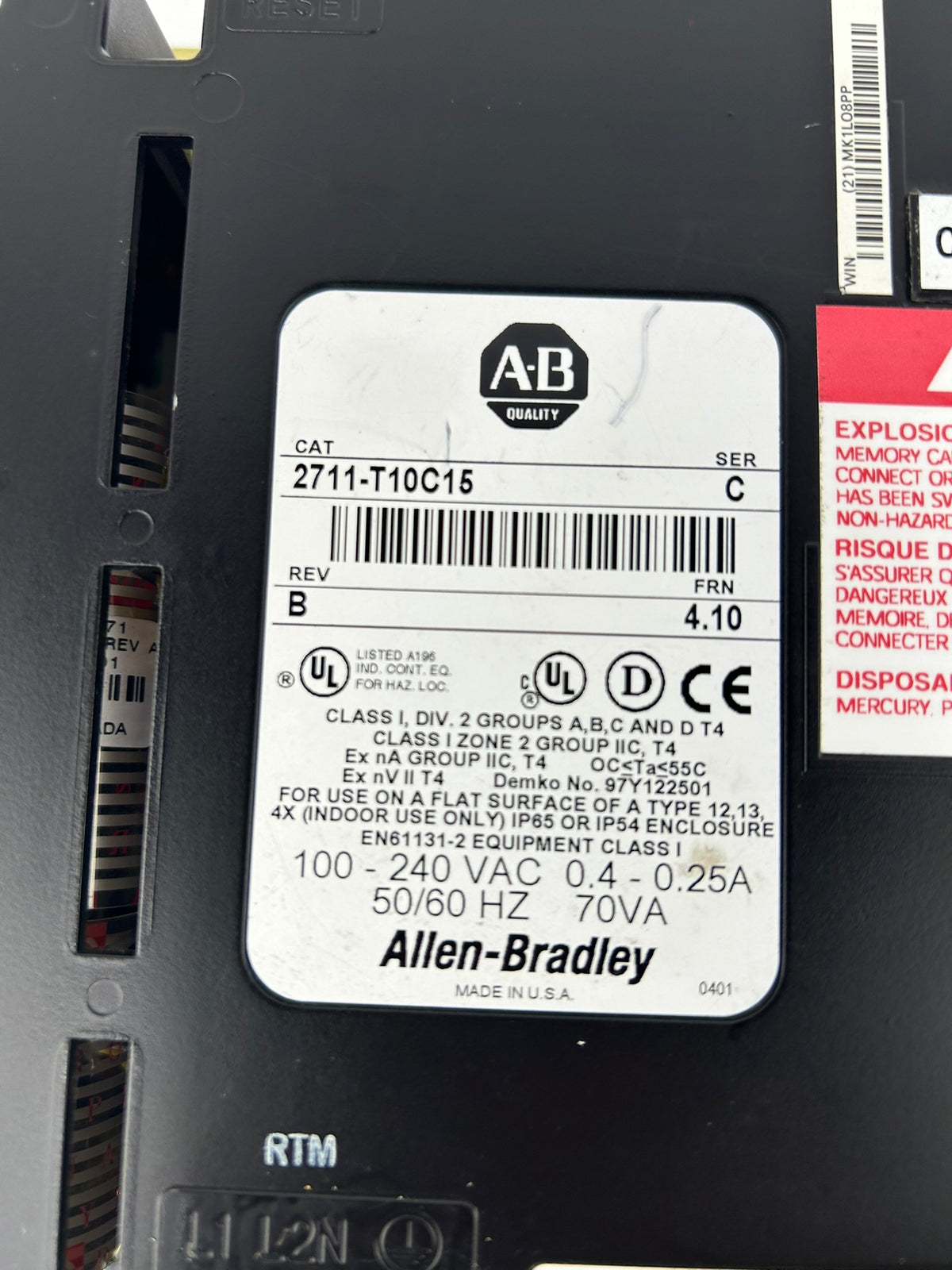 Allen-Bradley 2711-T10C15 PanelView 1000 Touch Screen HMI 10" Ser C TESTED
