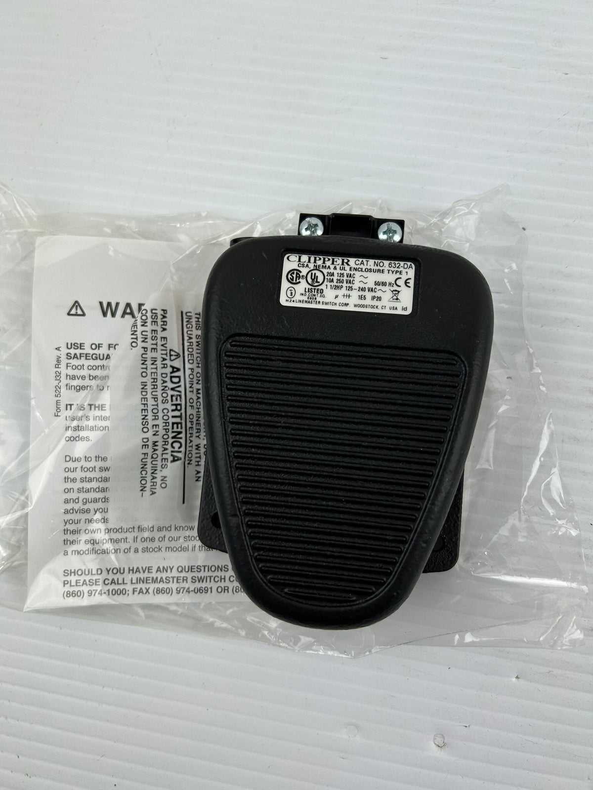 Linemaster Clipper 632-DA 2W808 Foot Switch Maintained 20A 125VAC 10A 250VAC