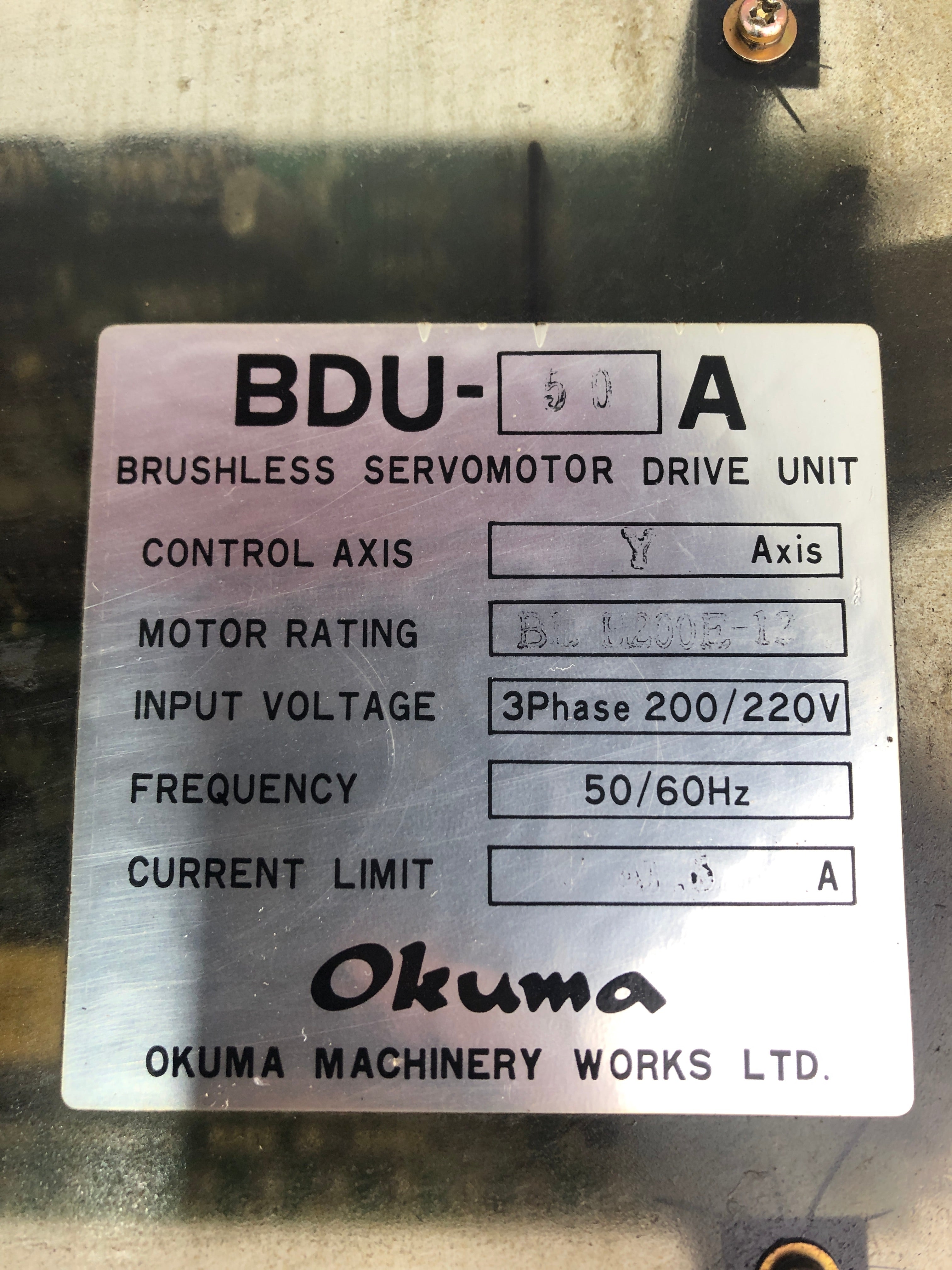Okuma BDU-50A Brushless Servo Motor Drive Unit Y Axis 200/220V 3PH 50/60Hz
