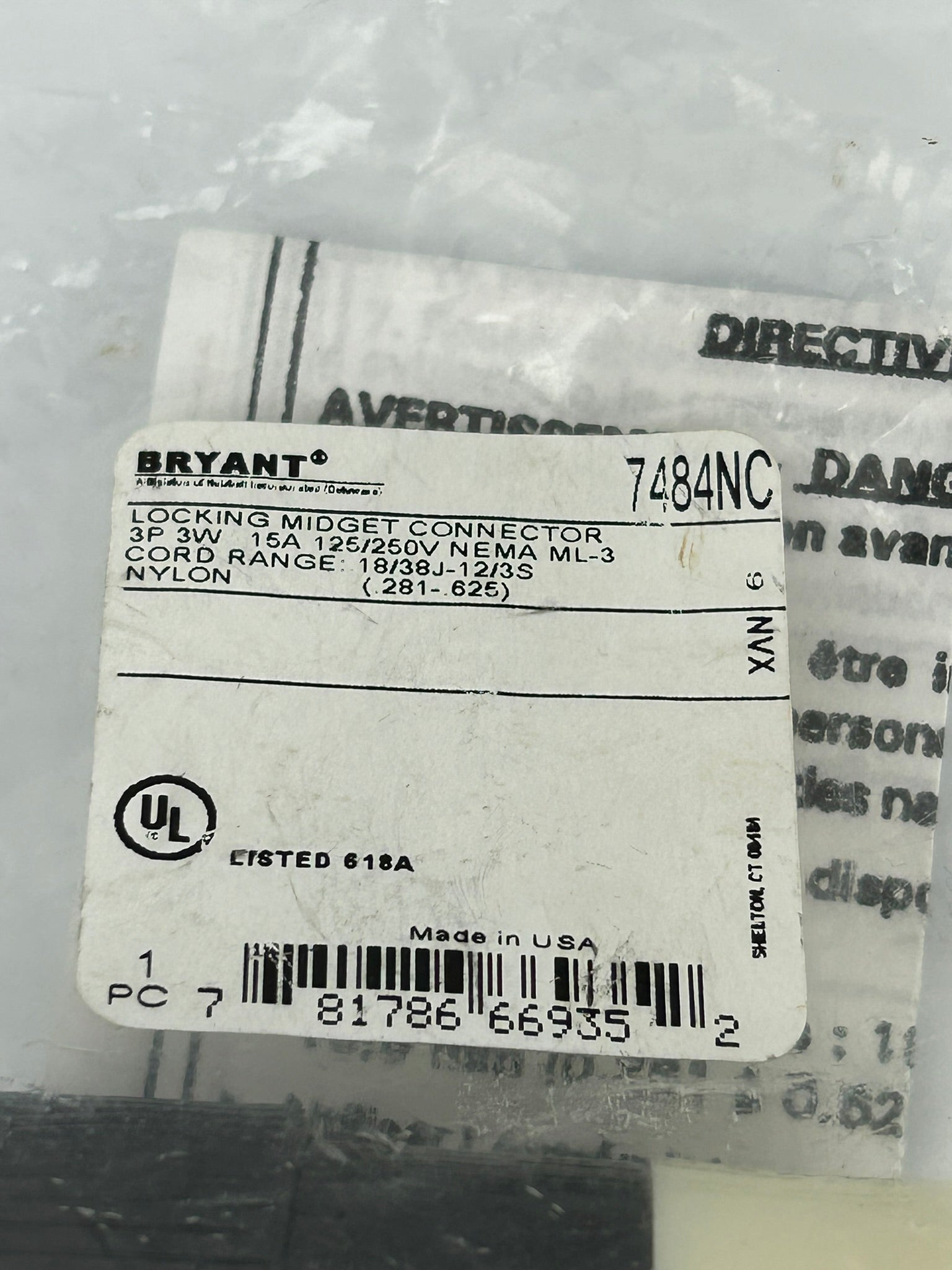 Bryant 7484NC Locking Midget Connector 125/250V 15A 3P 3W - Lot of 2