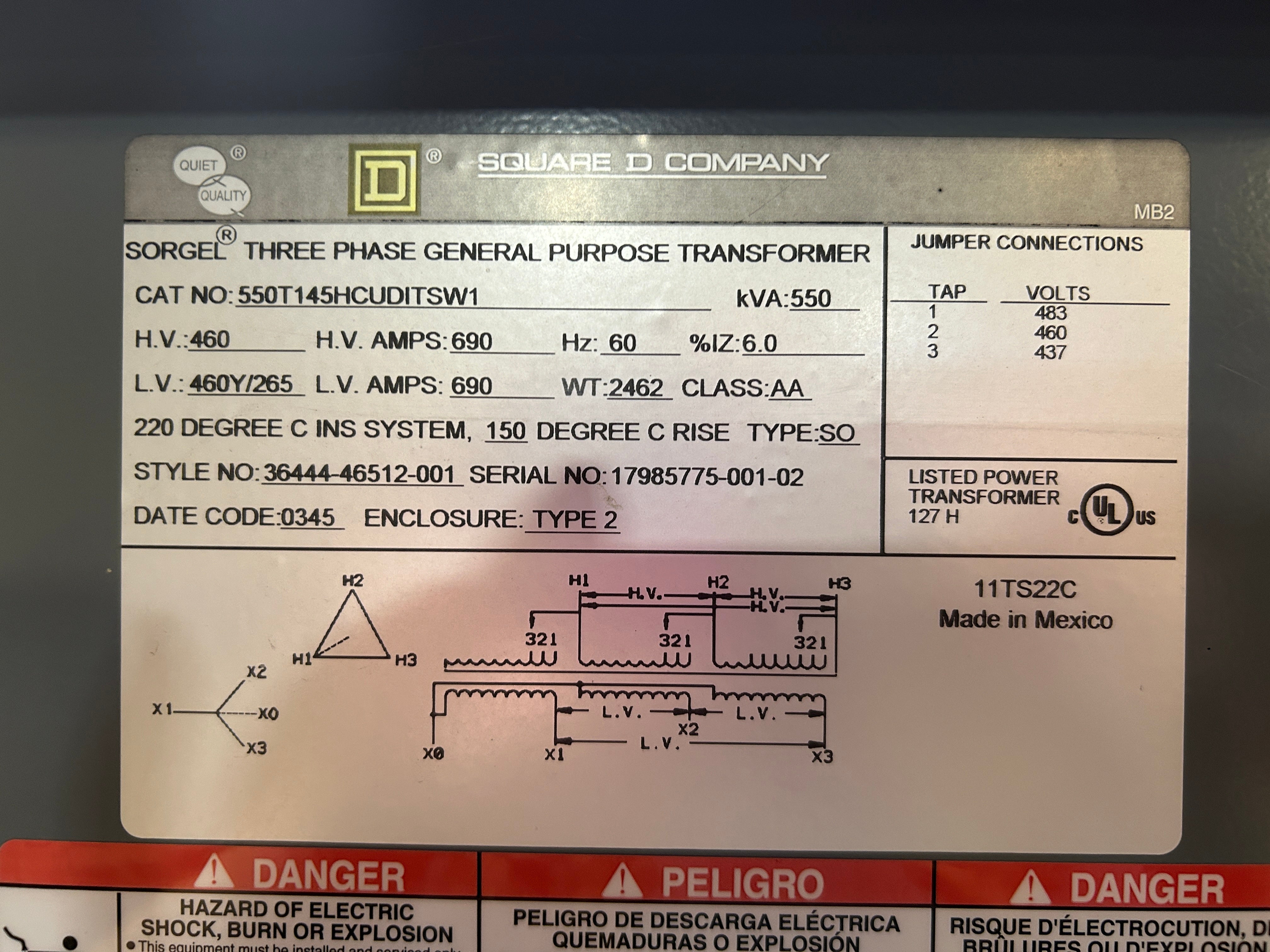 Square D 550T145HCUDITSW1 Transformer 550kVA 460V 460Y/265V 690A 3PH Type 2