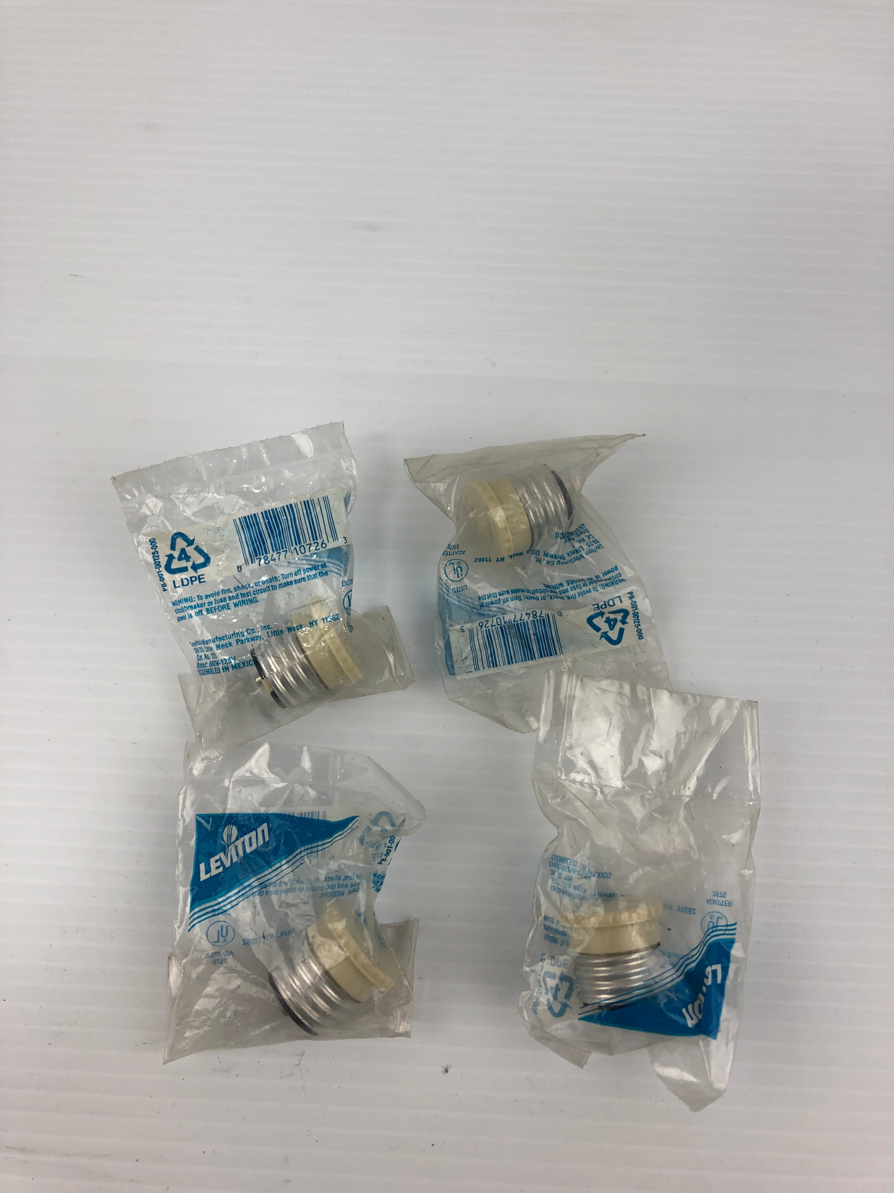 Leviton PB-001-00125-000 Medium Base Lamp Holder to Outlet Adapter - Lot of 4