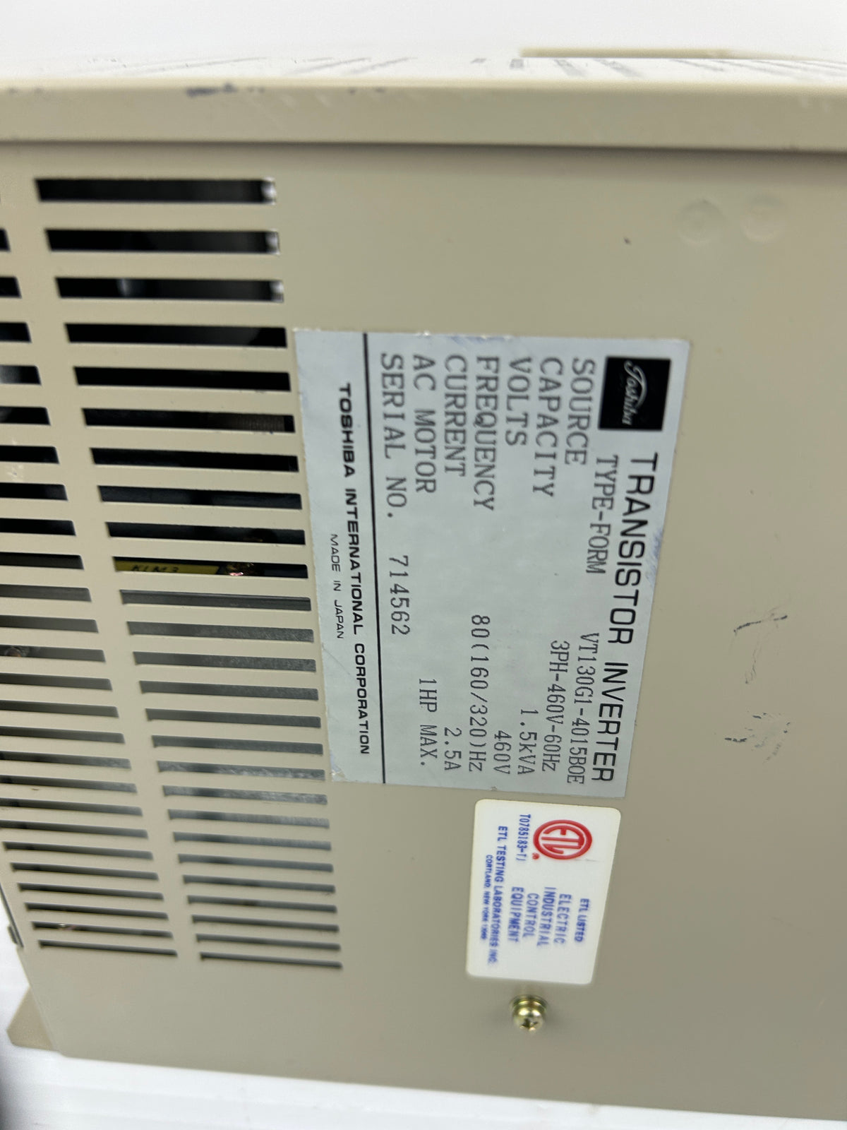Toshiba VT130G1-4015B0E Transistor Inverter ESP-130 1HP 1.5kVA 460V 2.5A 3PH