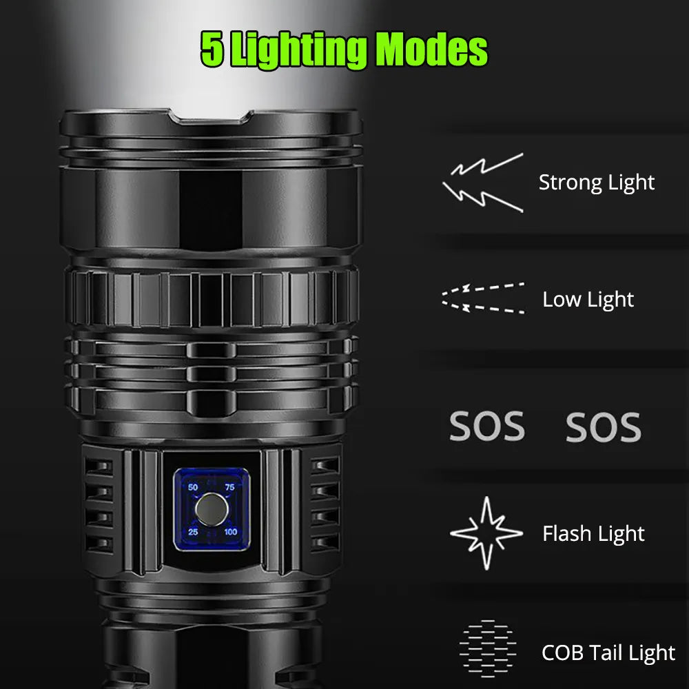 1000W LED Flashlight USB C Rechargeable Flash Light 990000000LM High Power Flashlights Zoom Tactical Lantern Long Shot COB Torch