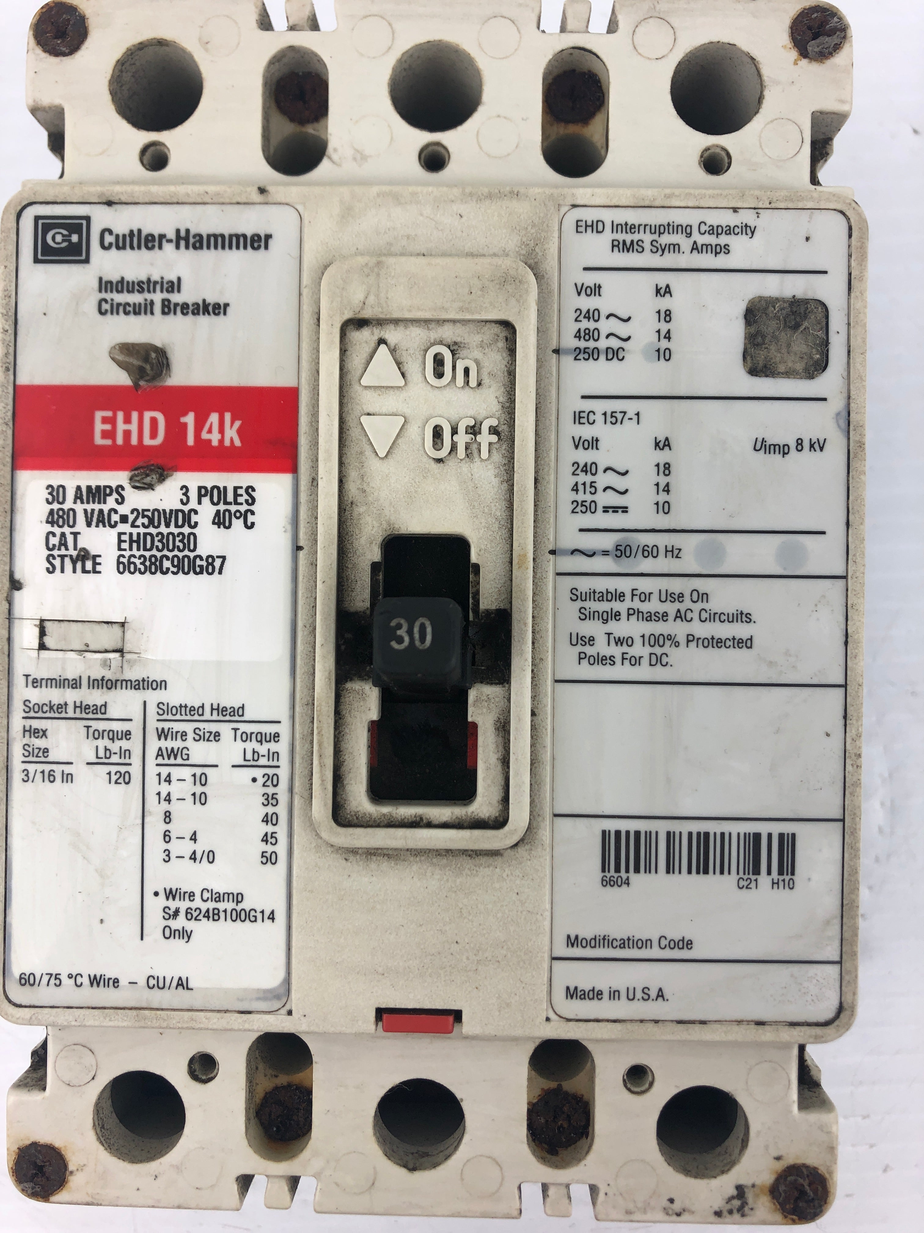 Cutler Hammer EHD3030 Industrial Circuit Breaker EHD14K 480VAC 250VDC 30A 3PH
