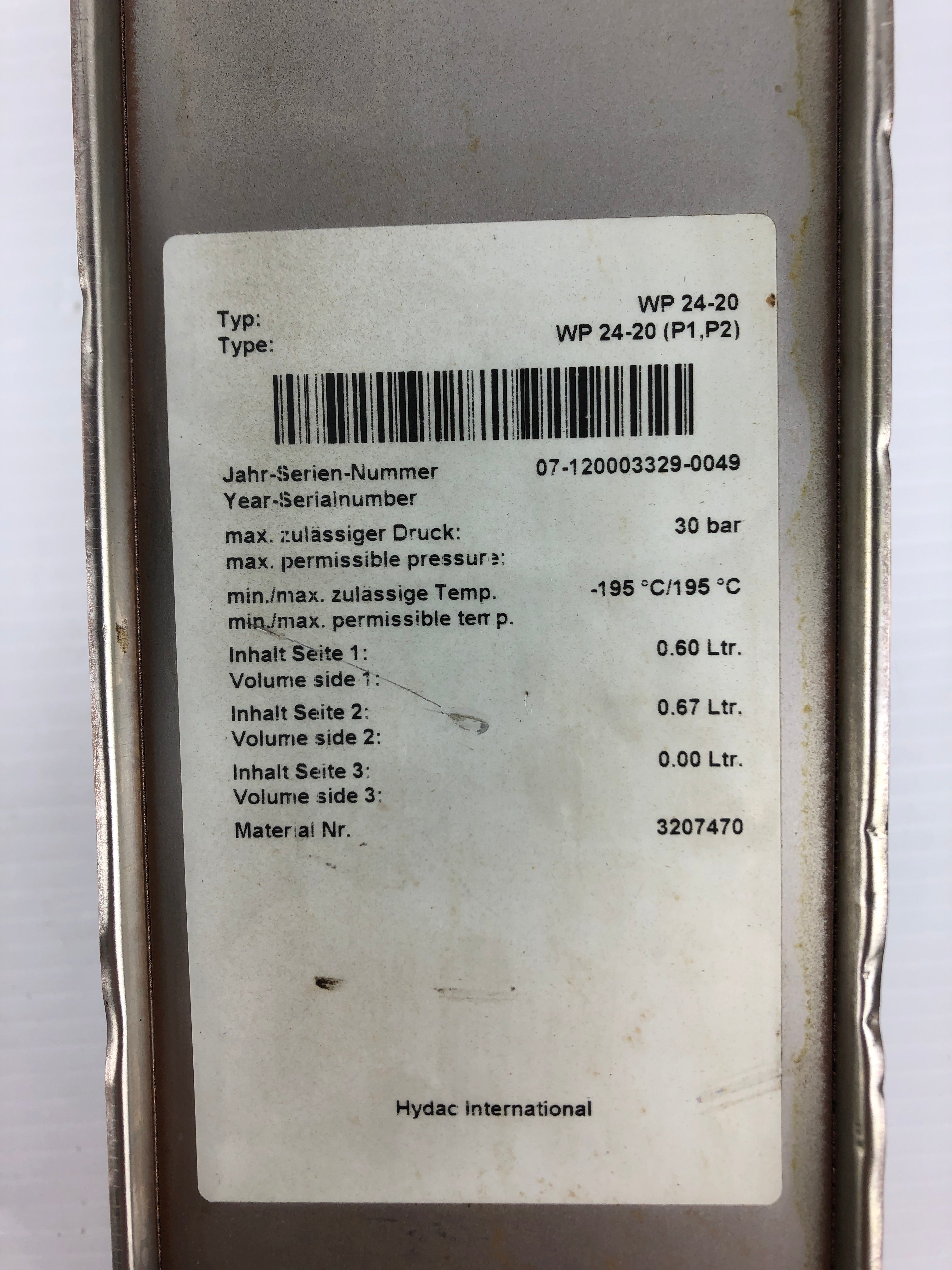 Hydac International Heat Exchanger WP 24-20 P1,P2 07-120003329-0049