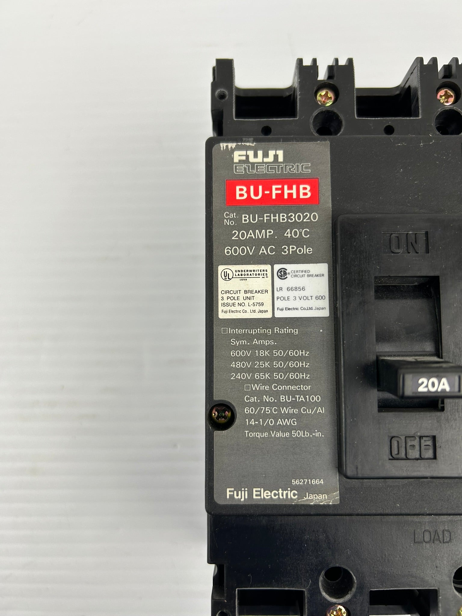 Fuji Electric BU-FHB3020 Circuit Breaker 20 Amp 600VAC 3 Pole