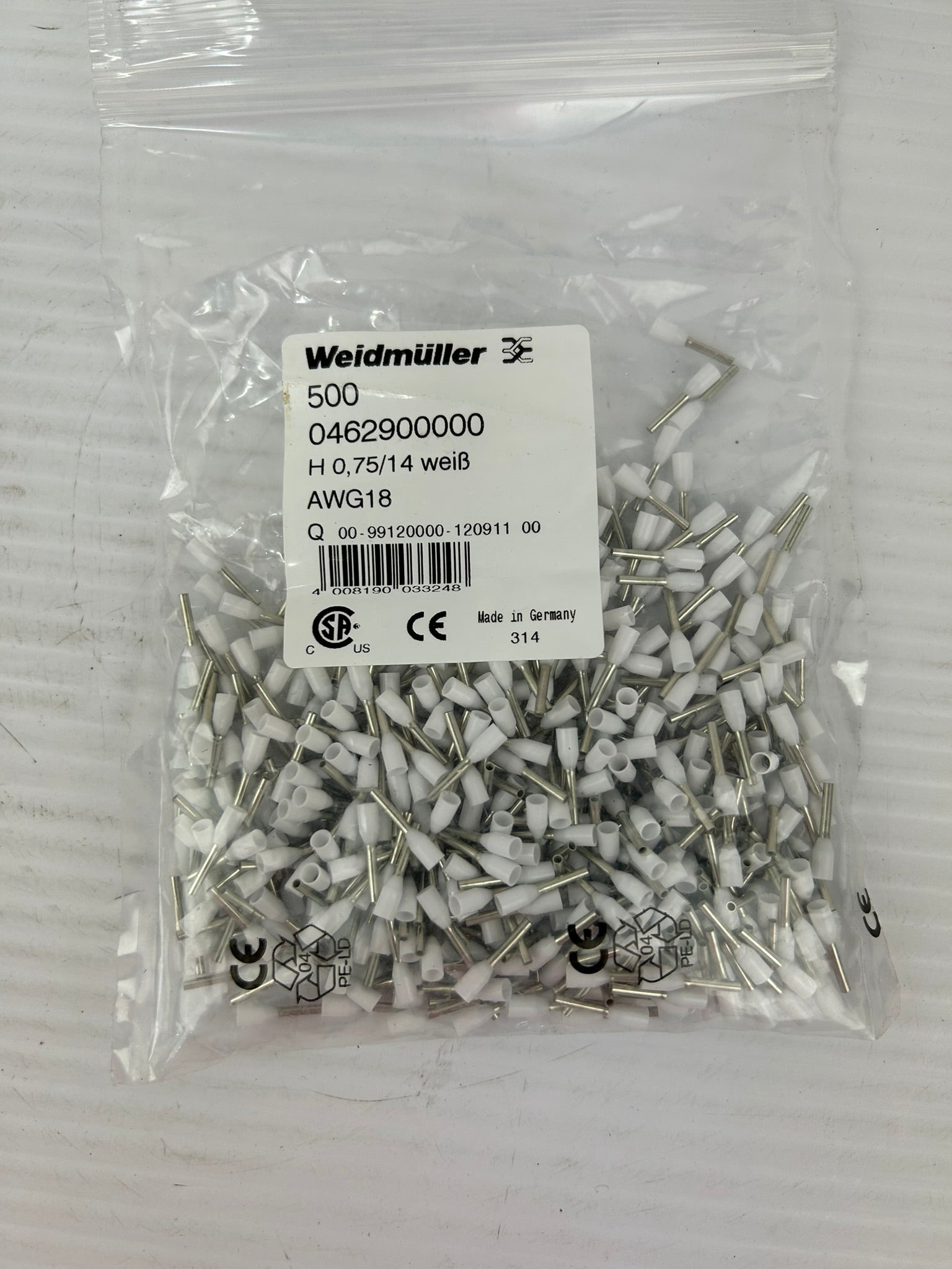 Weidmuller 0462900000 Wire-End Ferrule White - Lot of 1500