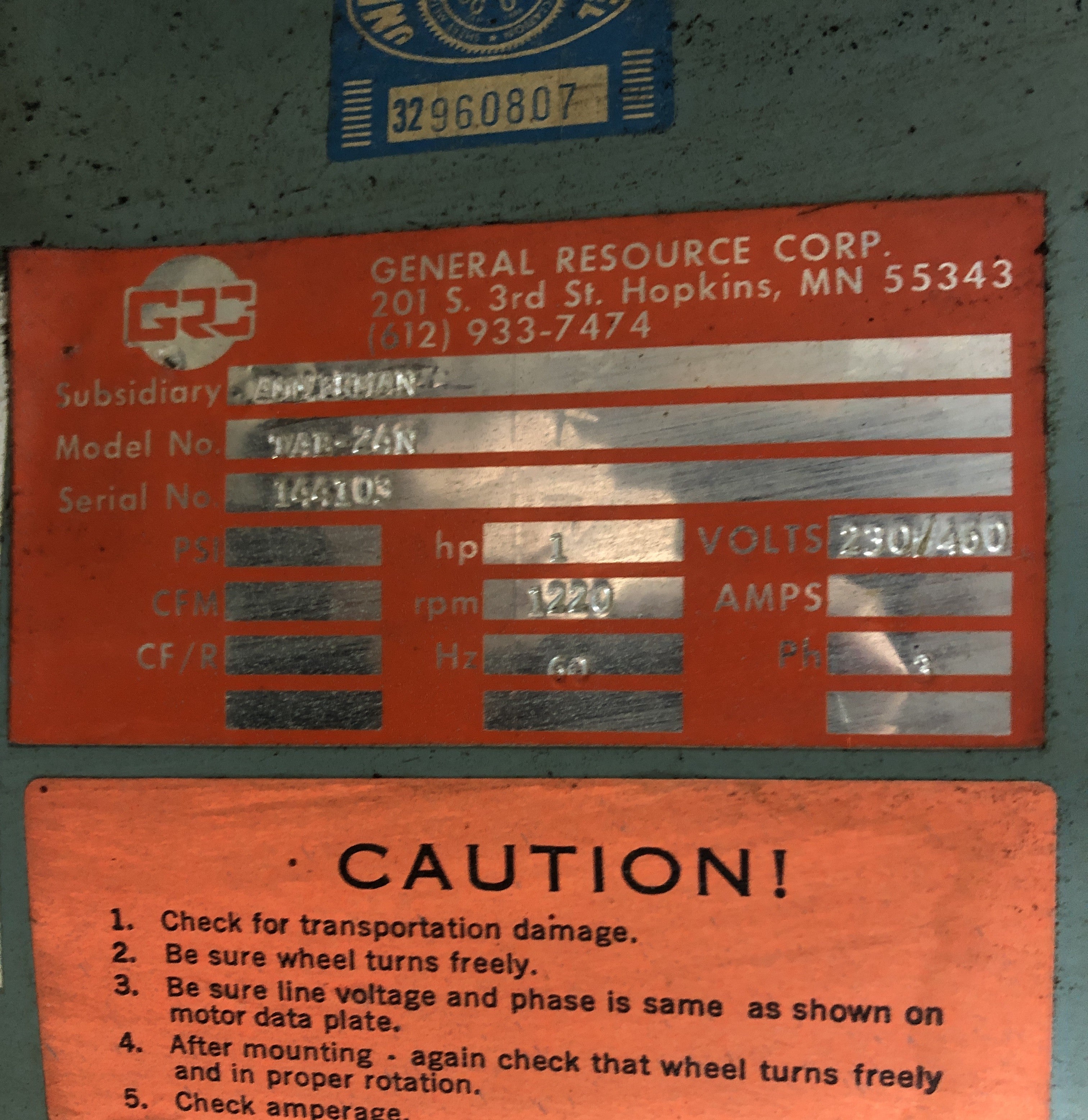 General Resource TAB-24N Tab Tube Axial Belt Drive Fan with 1 HP Motor 1220 RPM