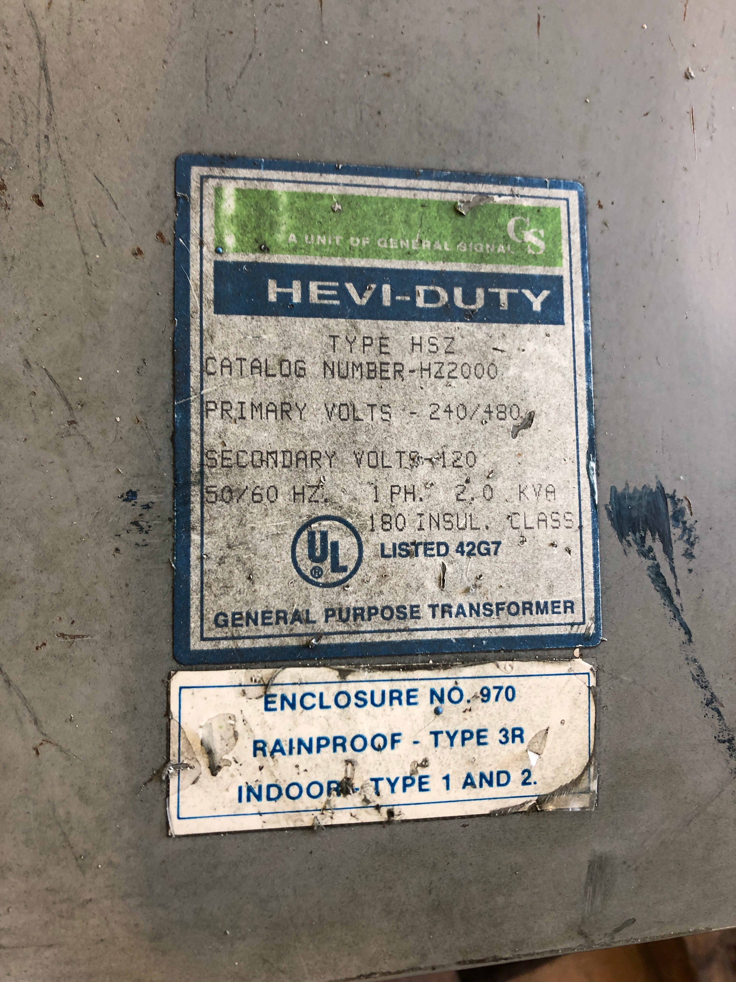 Hevi-Duty HZ2000 General Purpose Transformer Type HSZ 1 PH 2kVA