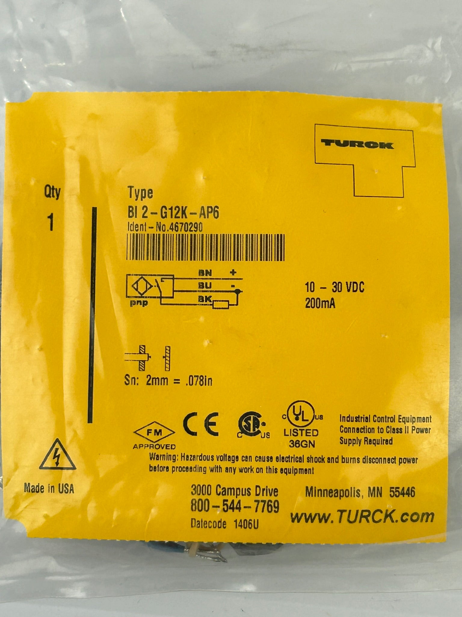Turck BI2-G12K-AP6 Inductive Proximity Sensor 4670290 10-30 VDC 200mA