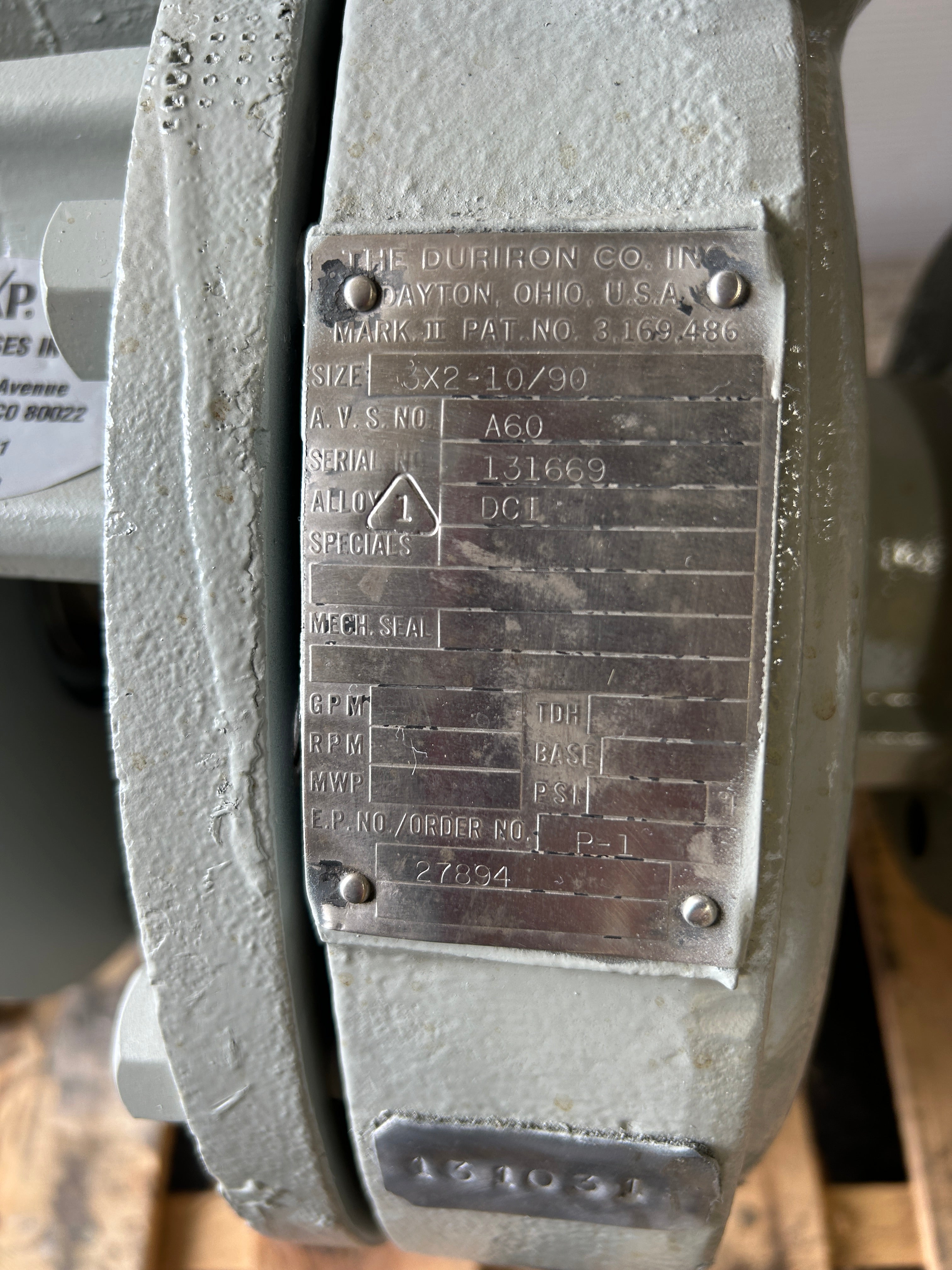 Duriron Co DURCO 3X2-10/90 Pump A60 131669