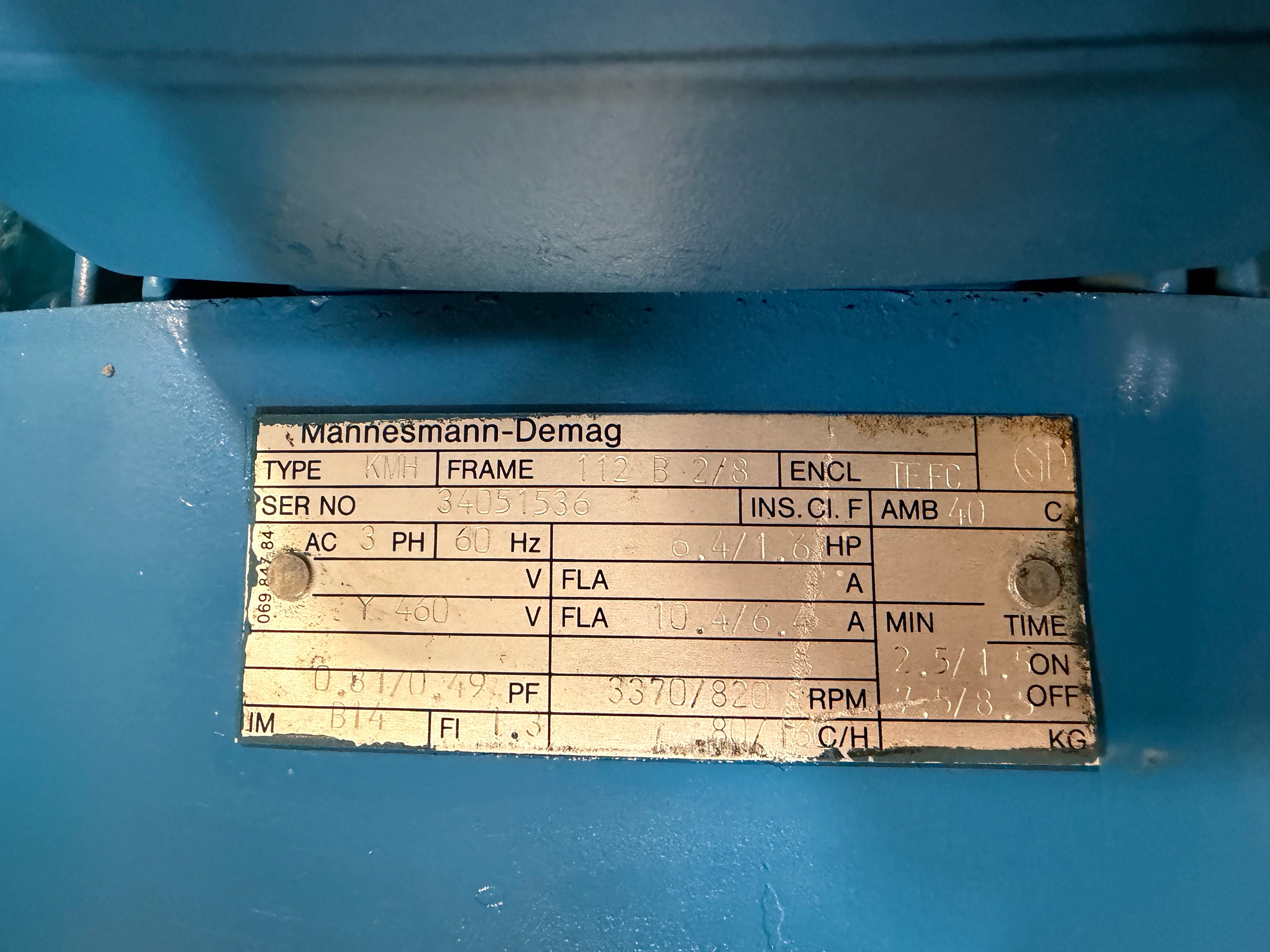 Demag KMH Hoist Motor 1.6HP 400V 3PH 3370/820RPM TEFC Brake Motor