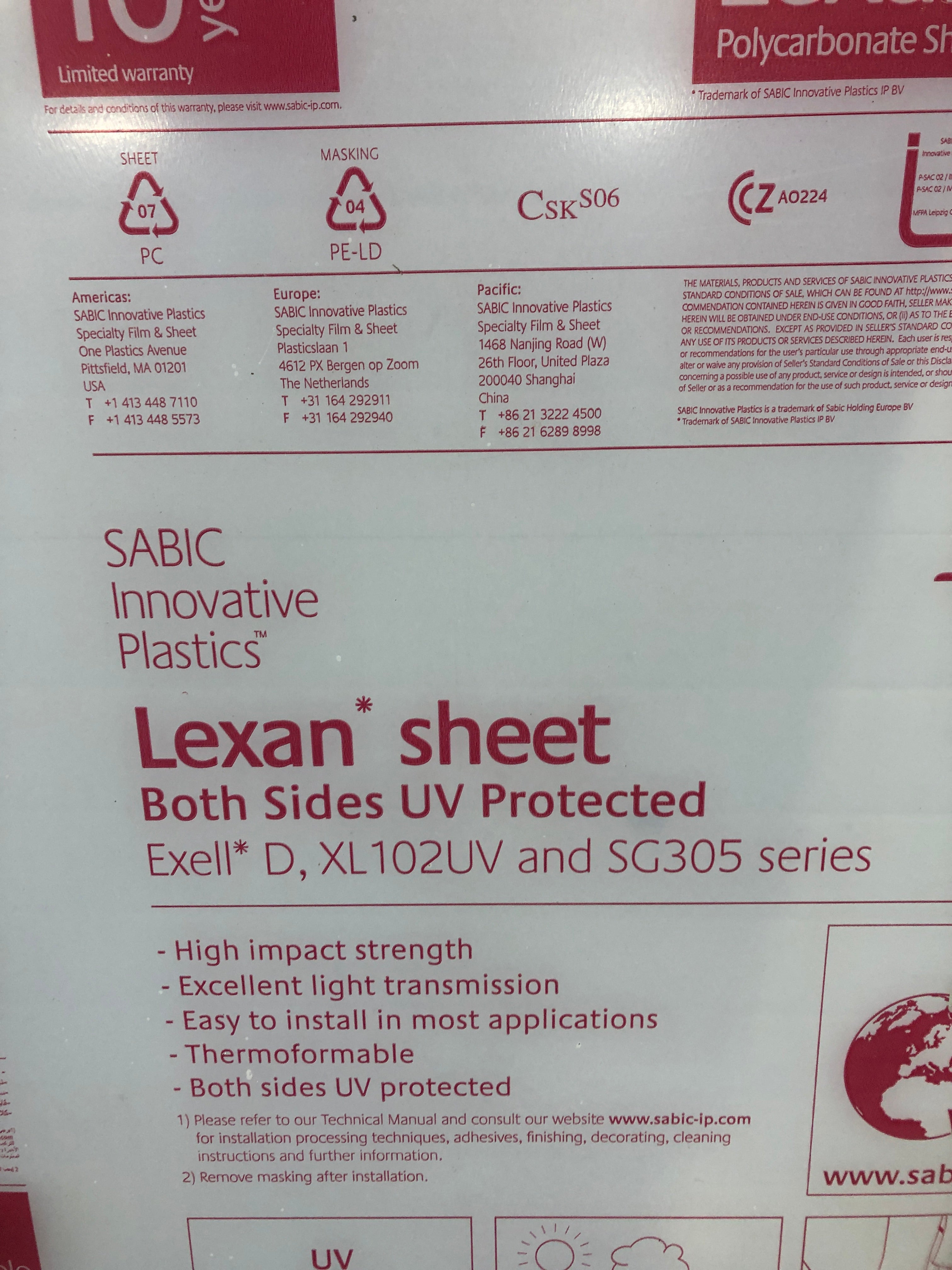 Sabic Innovative Plastics Lexan Polycarbonate Sheet 49" x 35" x 0.315" Cutout