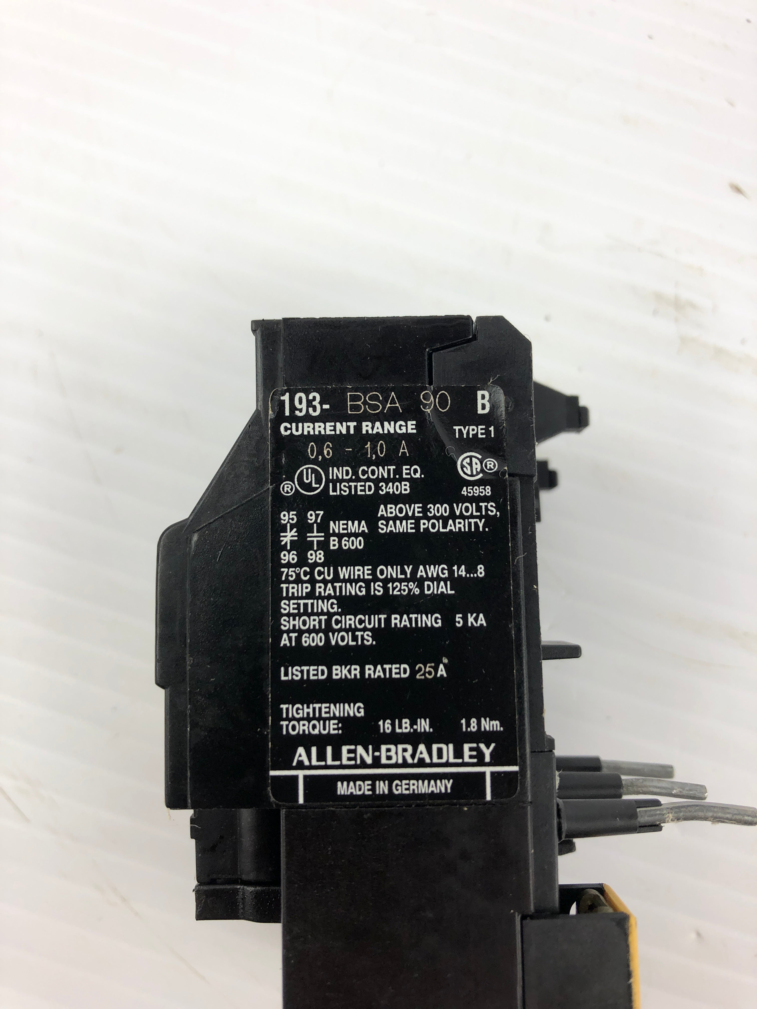 Allen-Bradley 193-BSA90 B Overload Relay Type 1 0.6-1.0A