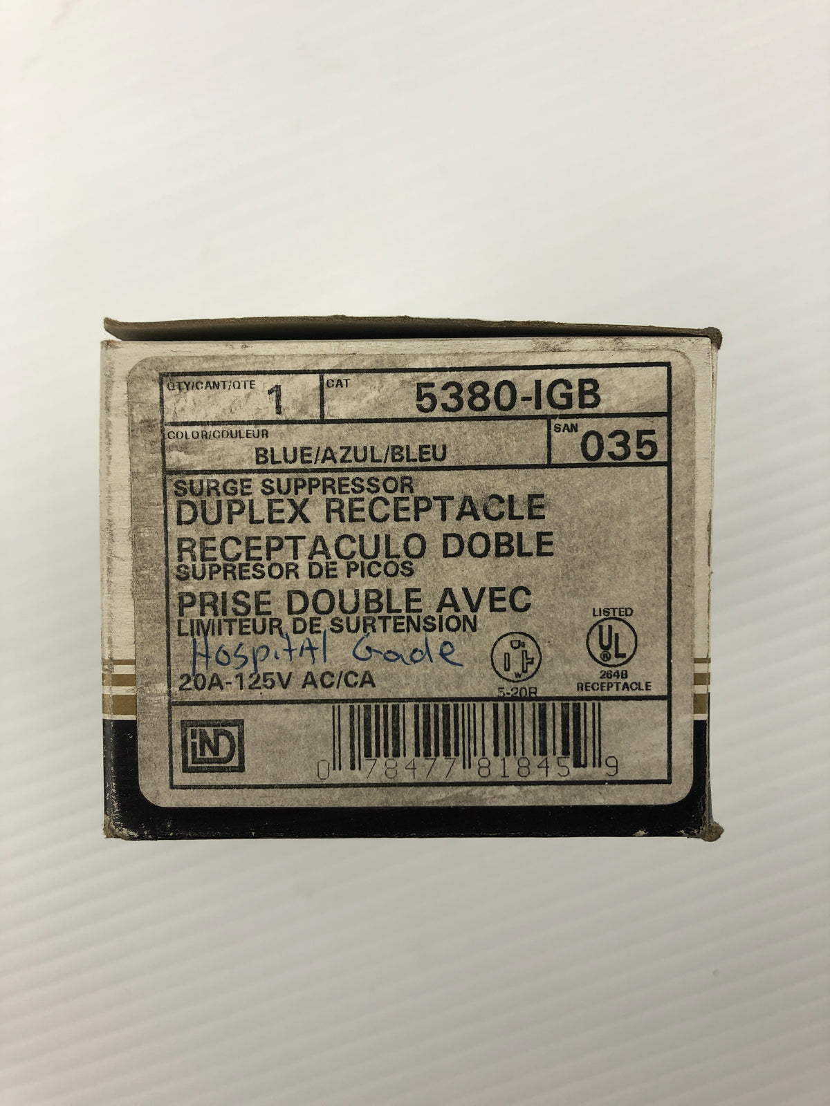 Leviton 5380-IGB Blue Duplex Receptacle Hospital Grade 125V 20A