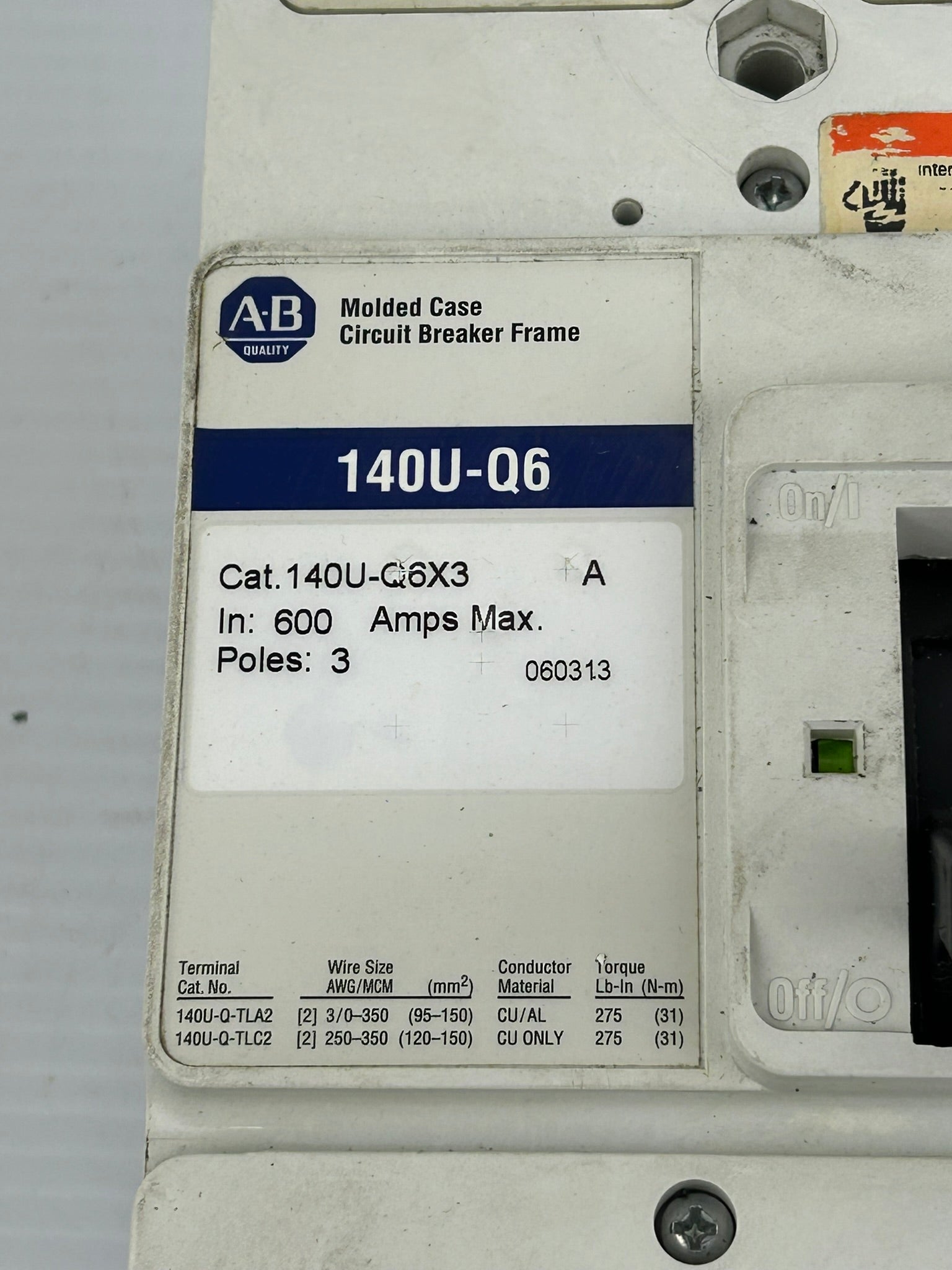 Allen Bradley 140U-Q6X3 Circuit Breaker Series A 3 Pole 600 Amps Max 140U-Q6