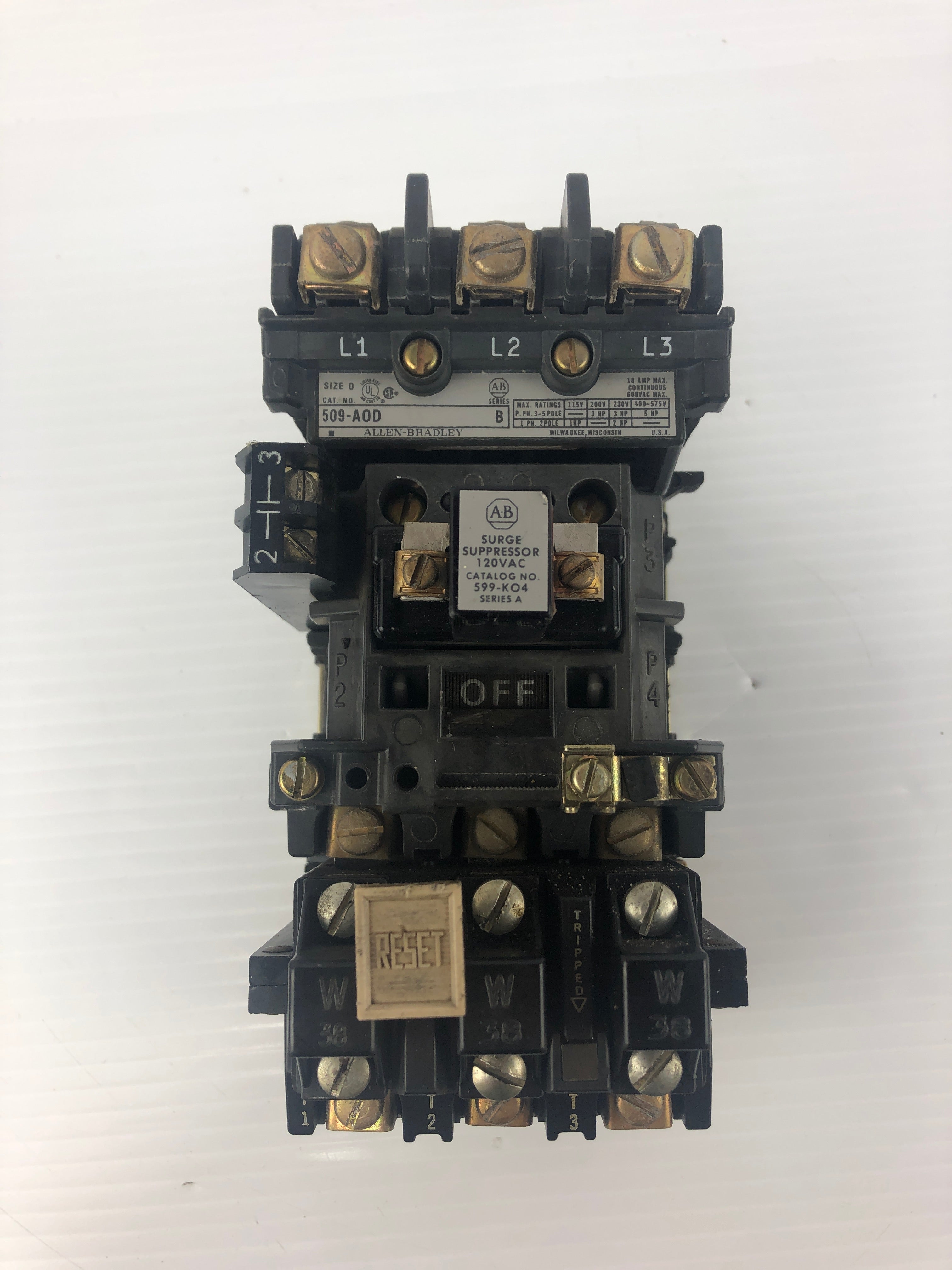 Allen-Bradley 509-AOD Motor Starter 592-B0W16 Overload Relay 595-A Aux. Contact