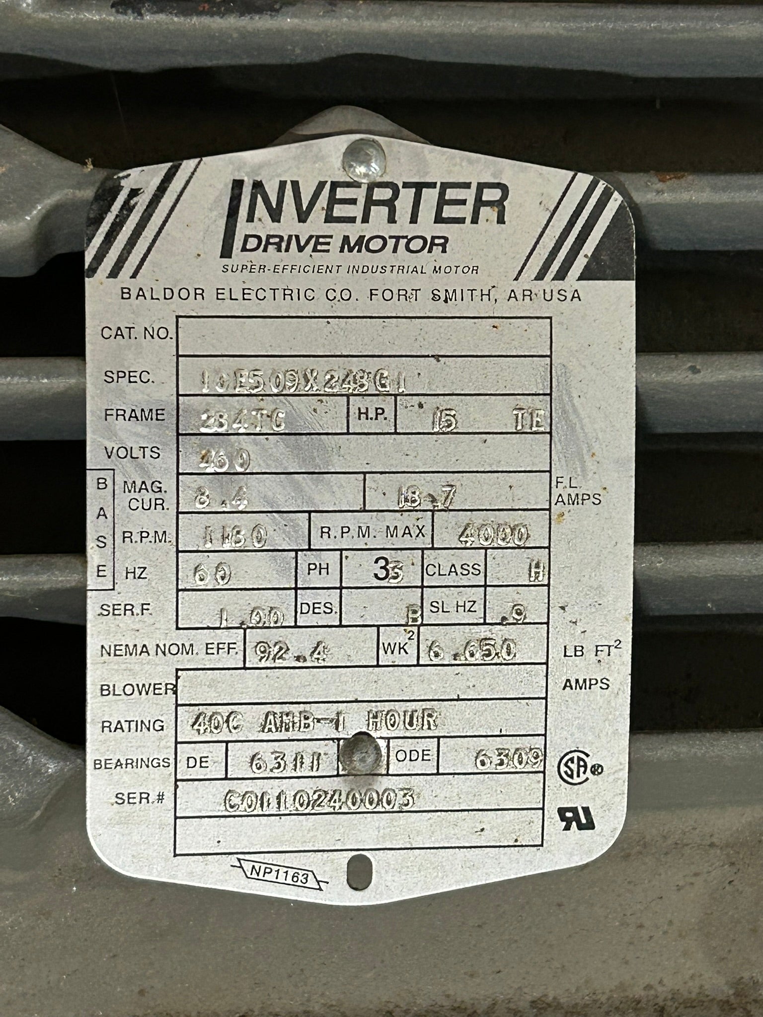 Baldor 10E509X248GI Inverter Drive Motor 15 HP 3PH 1160 RPM with Stearns Brake