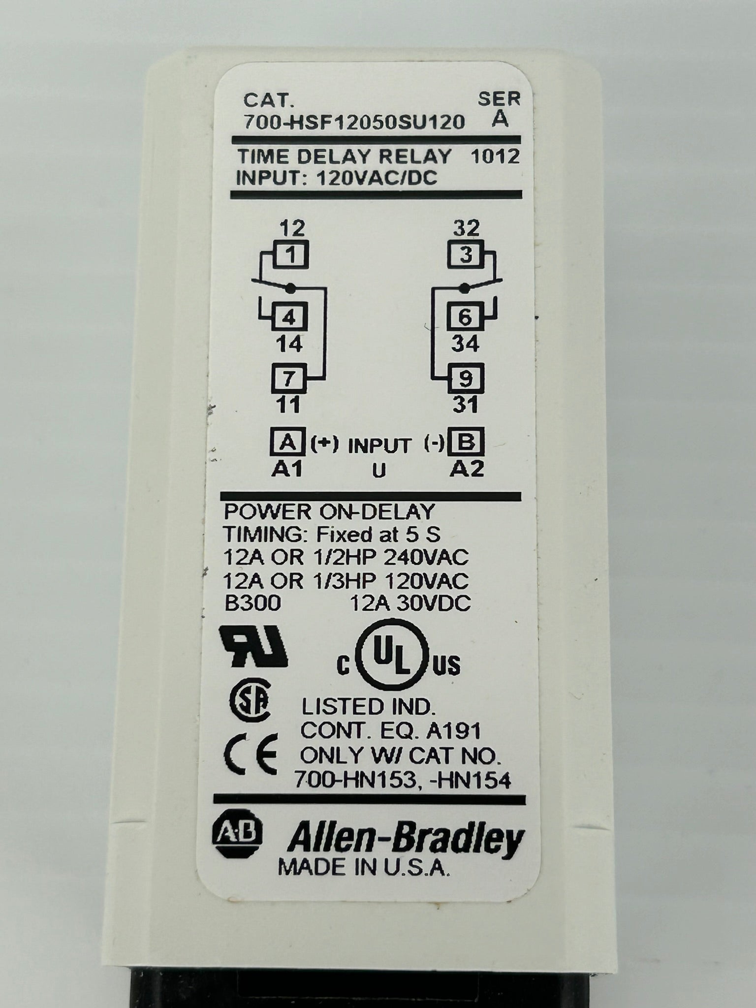 Allen-Bradley 700-HSF12050SU120 Time Delay Relay Ser A 120VAC 12A 1/3HP