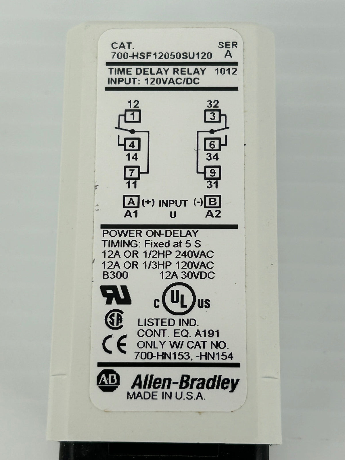 Allen-Bradley 700-HSF12050SU120 Time Delay Relay Ser A 120VAC 12A 1/3HP US Ship