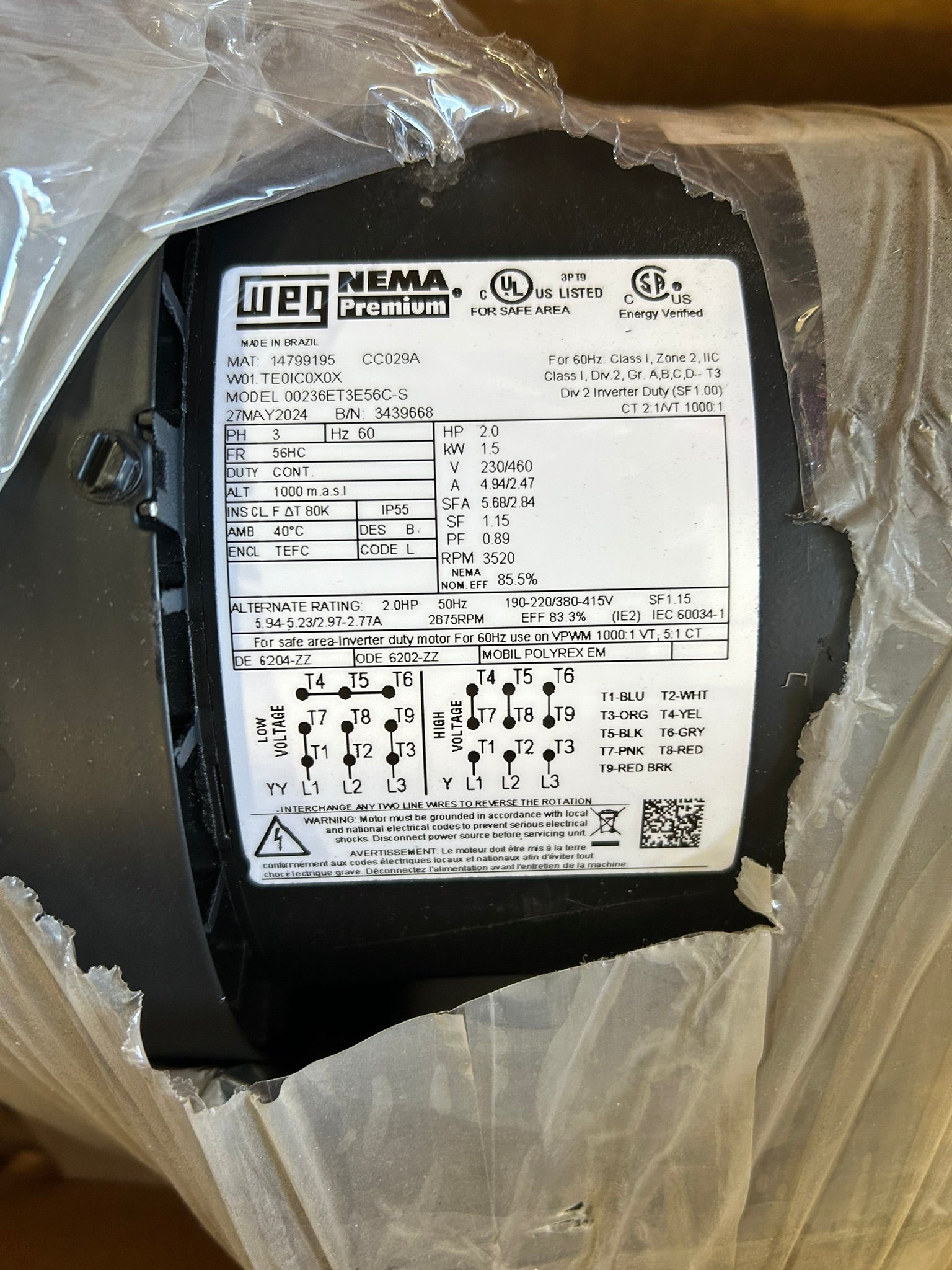 Weg Nema Premium 00236ET3E56C-S General Purpose Electric Motor 3 PH 60 Hz