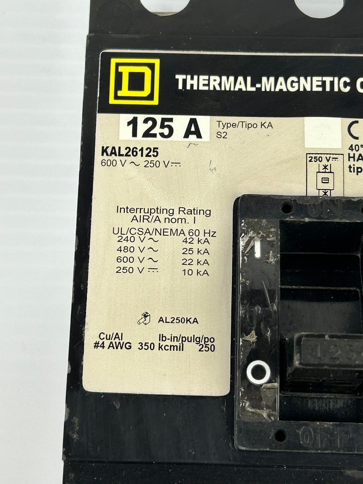 Square D KAL26125 Circuit Breaker 125A KA 186 600VAC 250VDC